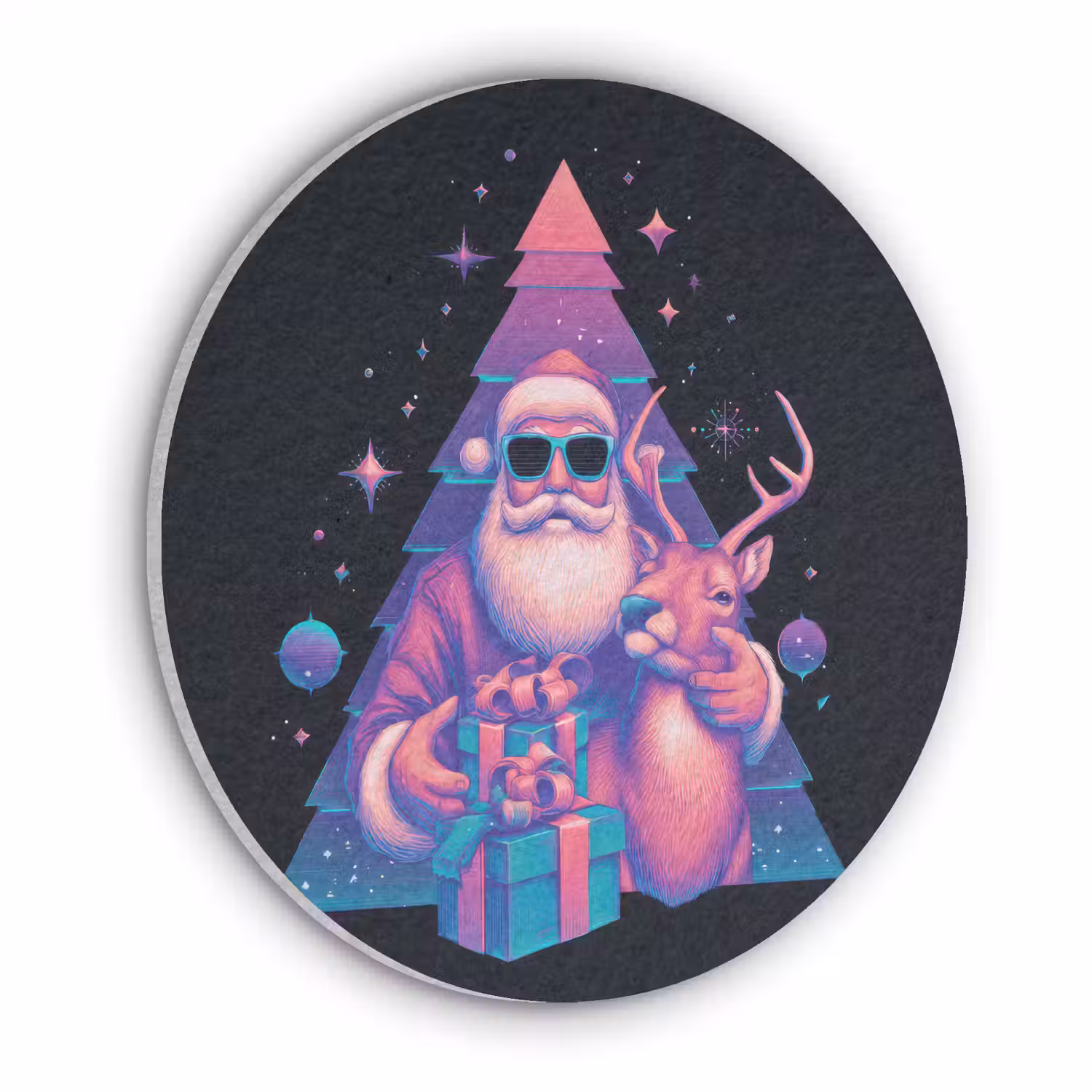 Retro - Kerstman - Rendieren - Kerstboom Akoestische PET Vilt - Rond klein -3d