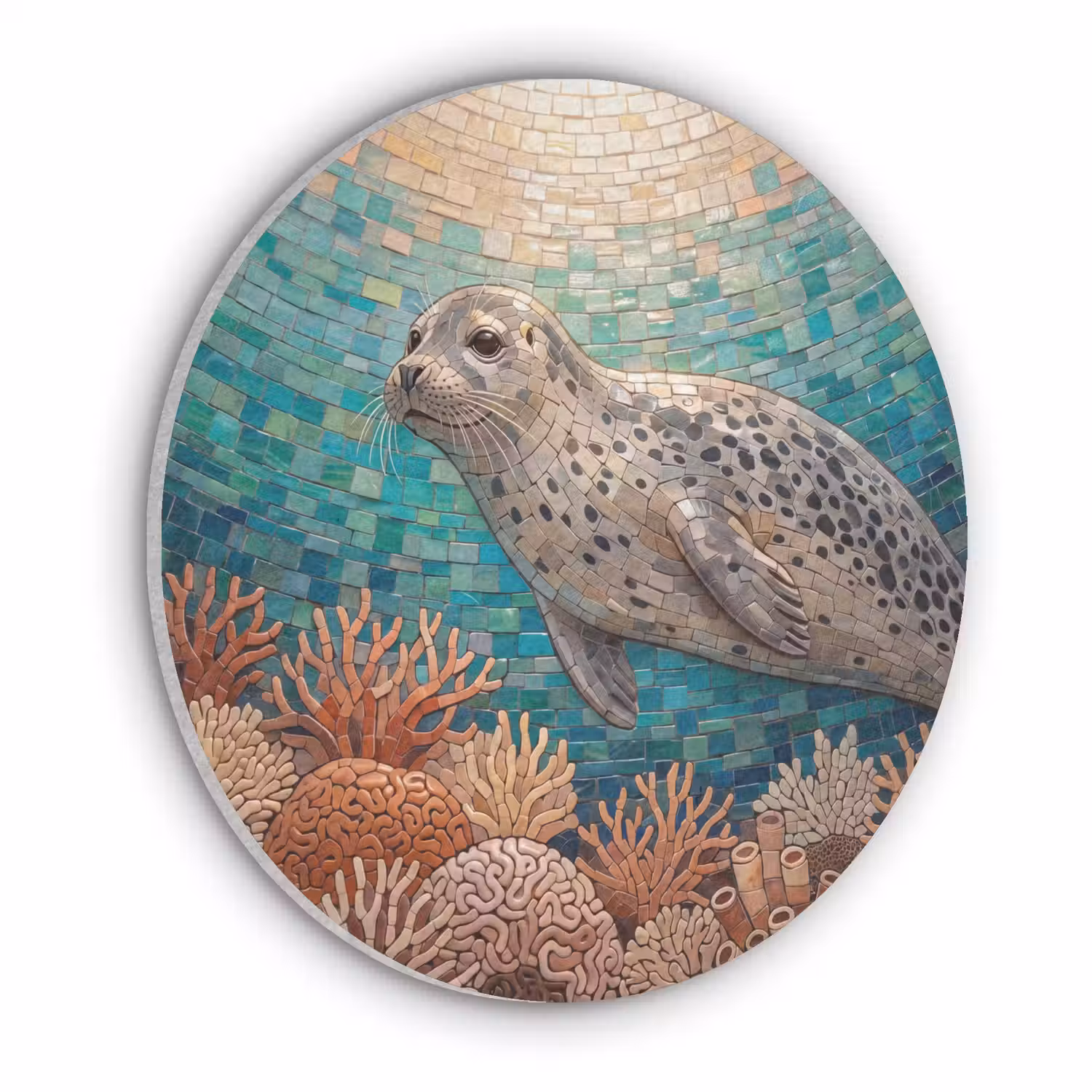Zeehond - Mozaïek - Onderwater - Dieren - Blauw Akoestische PET Vilt - Rond klein -3d