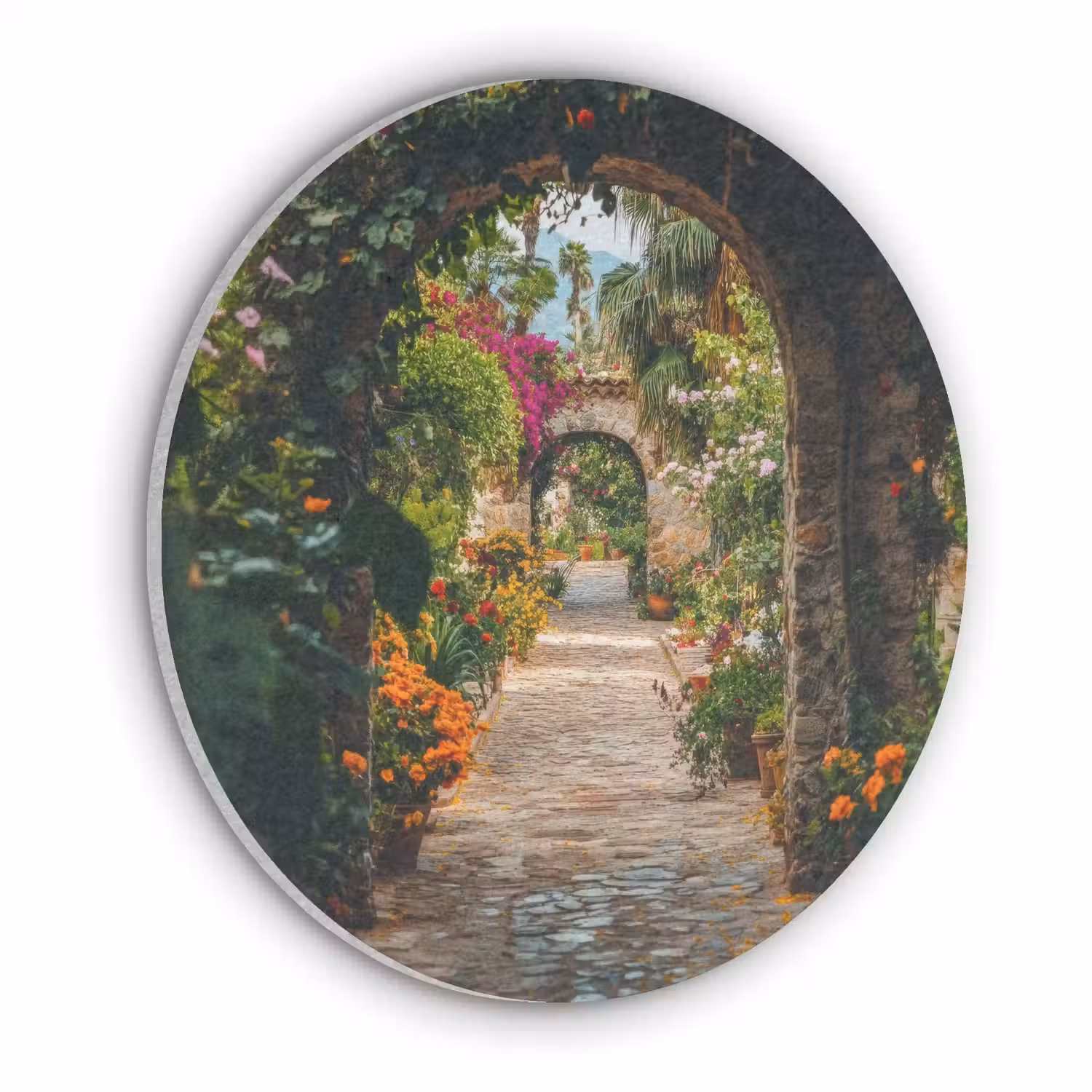 Doorkijk - Bloemen - Poort - Stenen Akoestische PET Vilt - Rond klein -3d