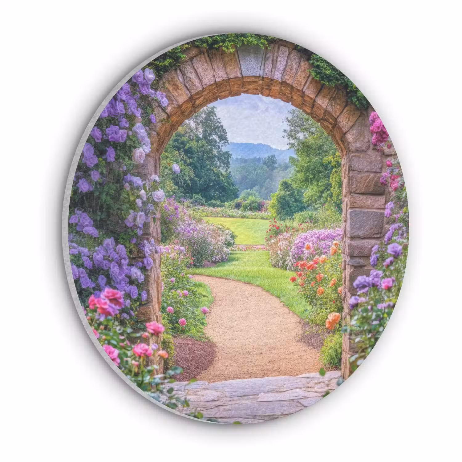Doorkijk - Poort - Bloemen - Tuin Akoestische PET Vilt - Rond klein -3d