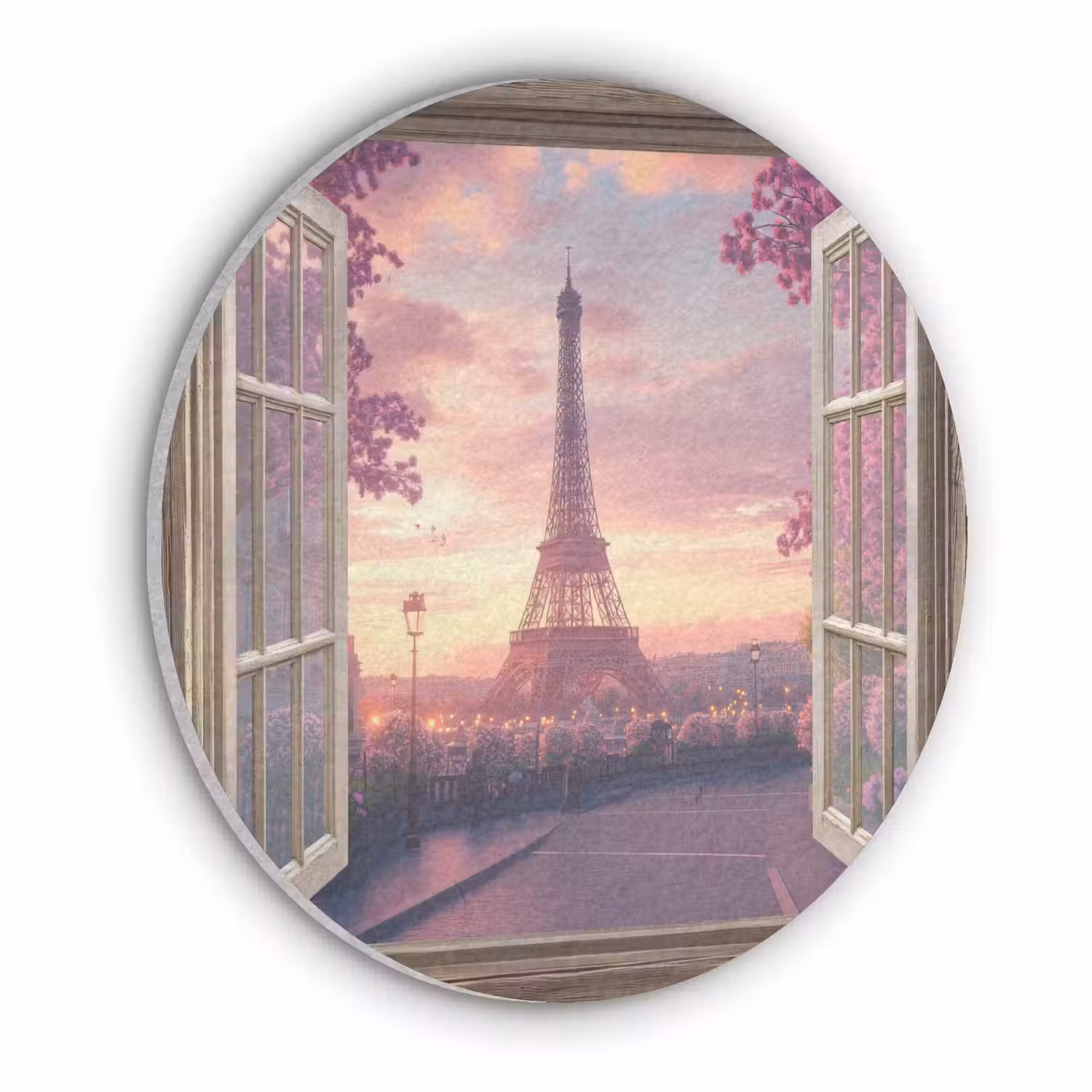 Doorkijk - Parijs - Eiffeltoren - Roze - Kersenbloesem Akoestische PET Vilt - Rond klein -3d