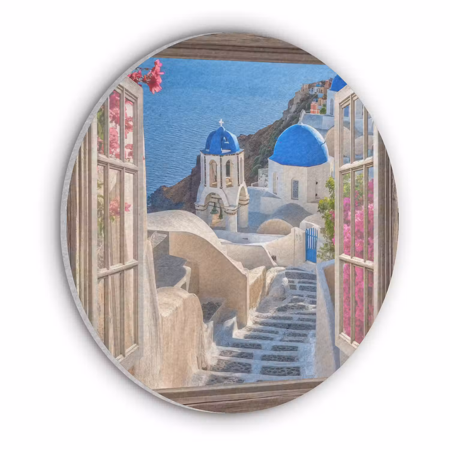 Doorkijk - Santorini - Landschap - Blauw - Grieks Akoestische PET Vilt - Rond klein -3d