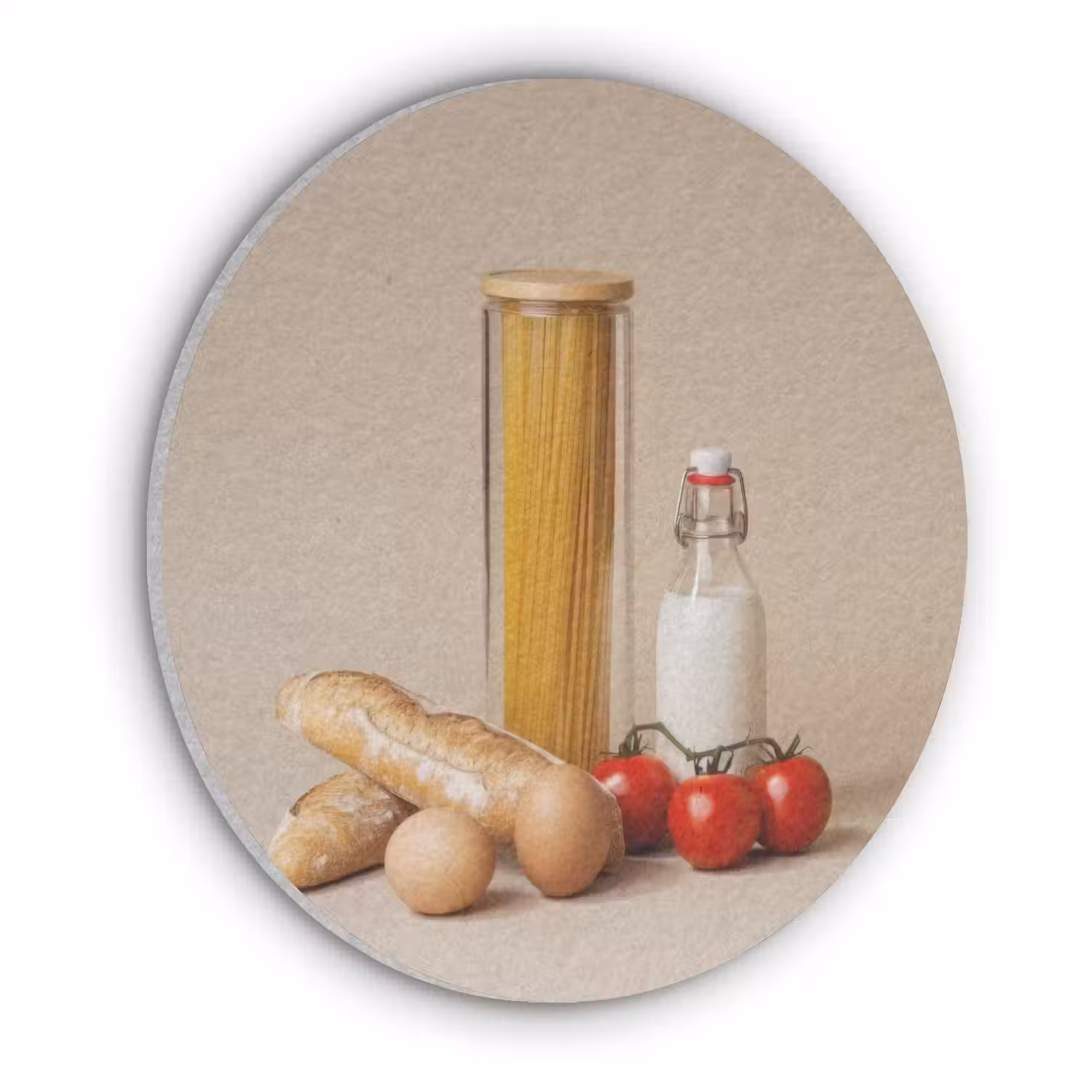 Spaghetti - Melk - Tomaten - Eieren - Brood Akoestische PET Vilt - Rond klein -3d