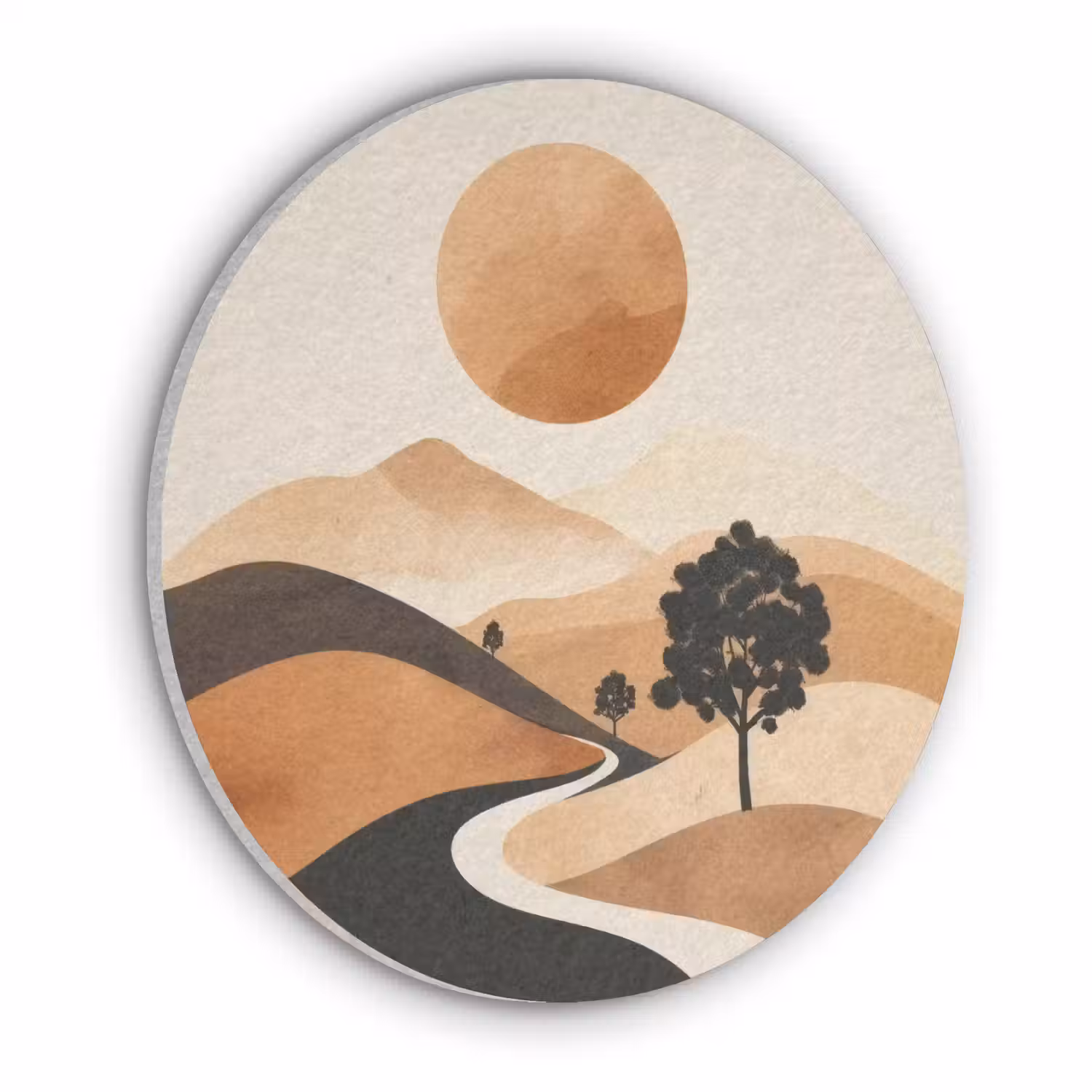 Zon - Heuvels - Boom - Abstract Akoestische PET Vilt - Rond klein -3d
