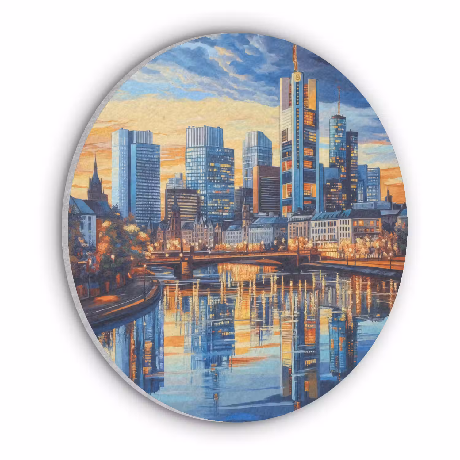 Zonsondergang Frankfurt - Stad - Skyline - Water Akoestische PET Vilt - Rond klein -3d