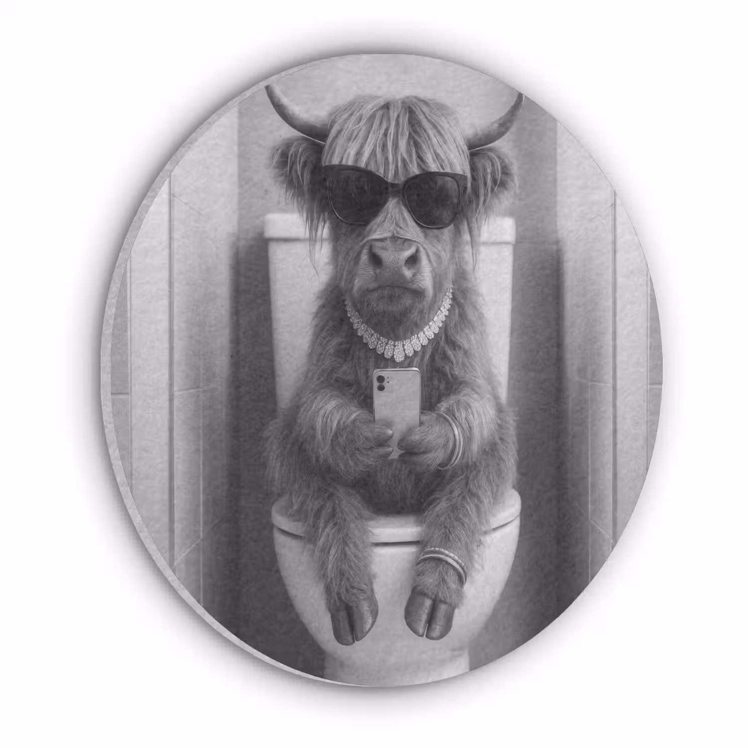 Stier - Telefoon - Toilet - Zwart - Wit Akoestische PET Vilt - Rond klein -3d