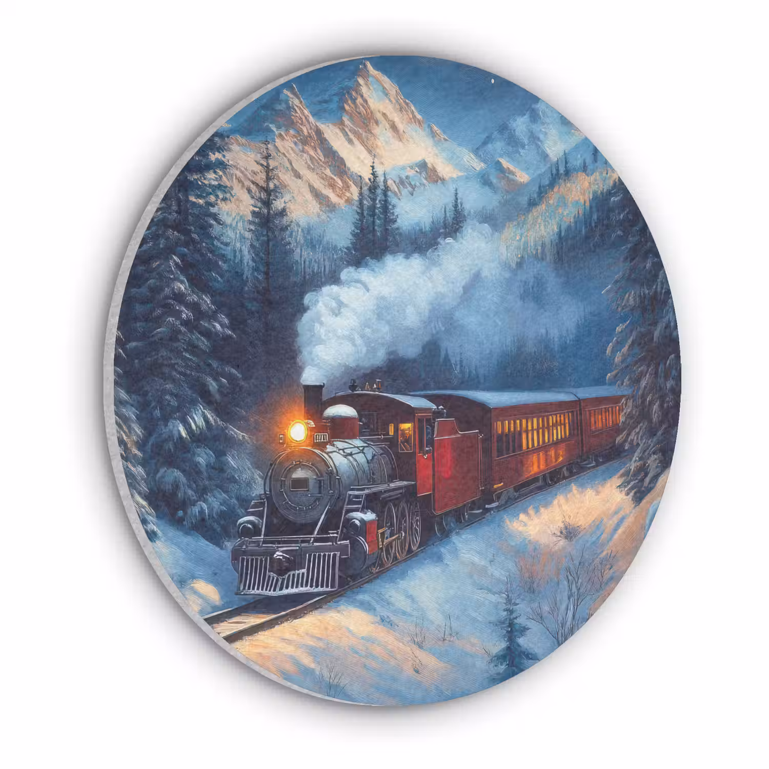 Trein - Kerst - Sneeuw - Kersttrein Akoestische PET Vilt - Rond klein -3d