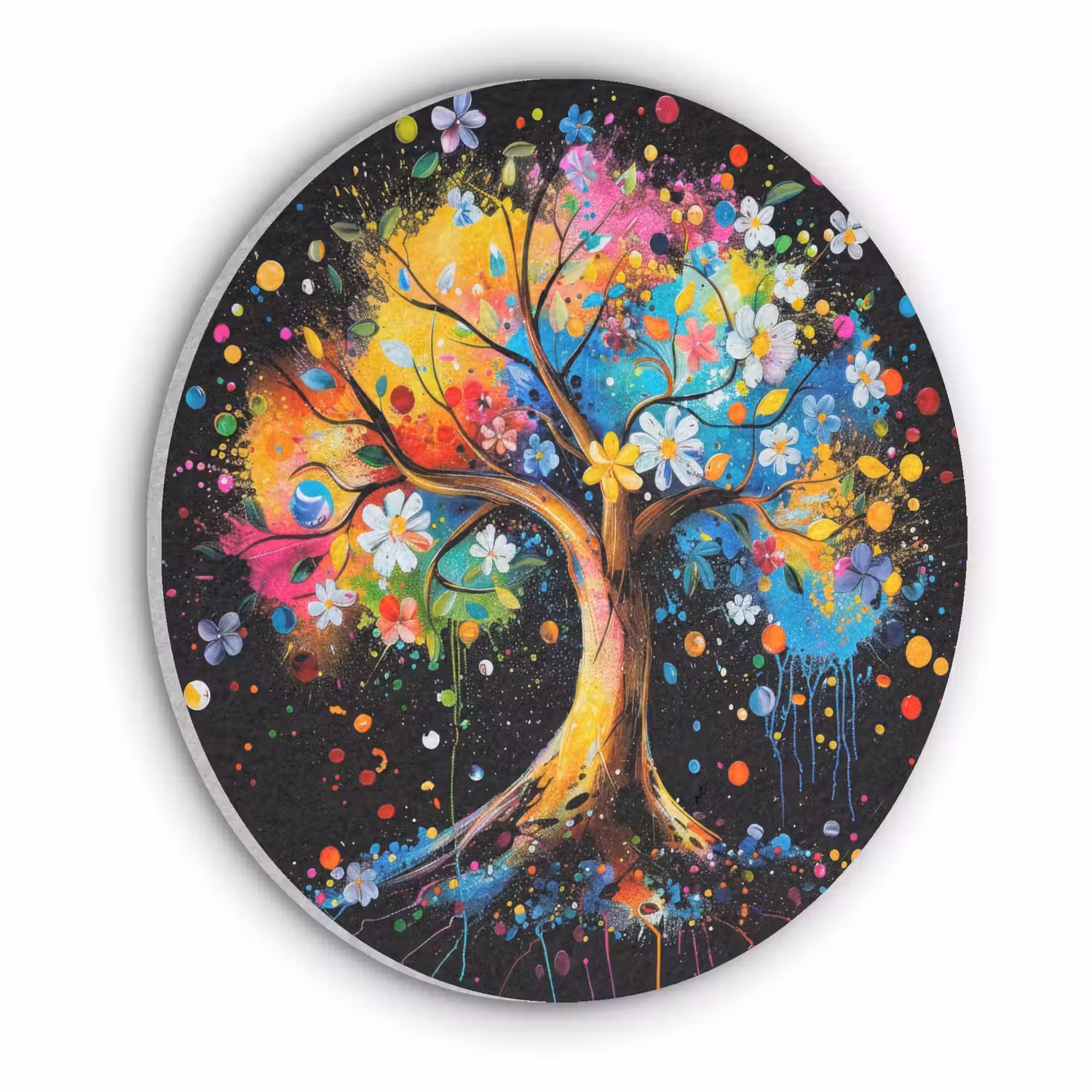 Boom - Kleurrijk - Bloemen - Zwart Akoestische PET Vilt - Rond klein -3d