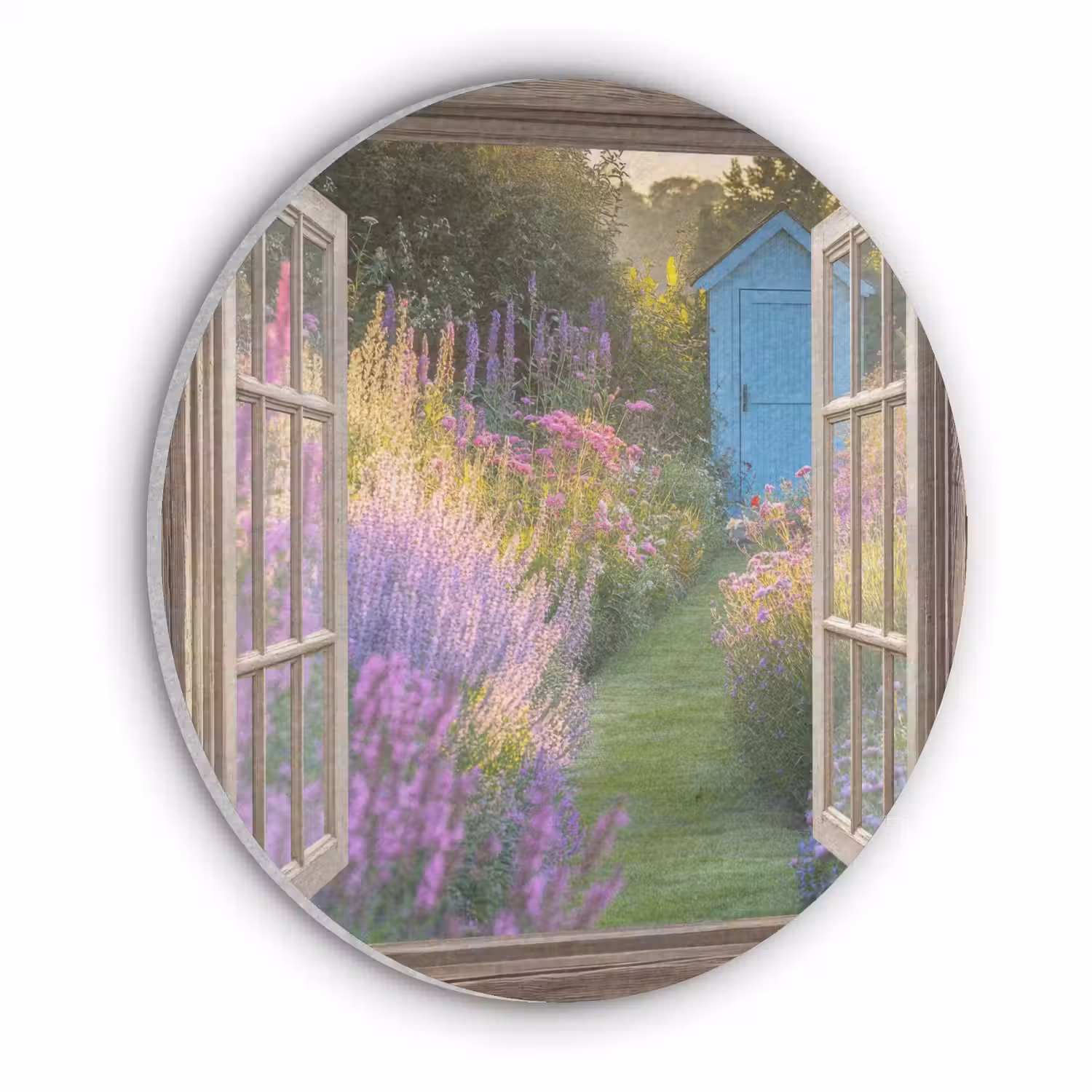 Doorkijk - Bloemen - Raam - Natuur Akoestische PET Vilt - Rond klein -3d