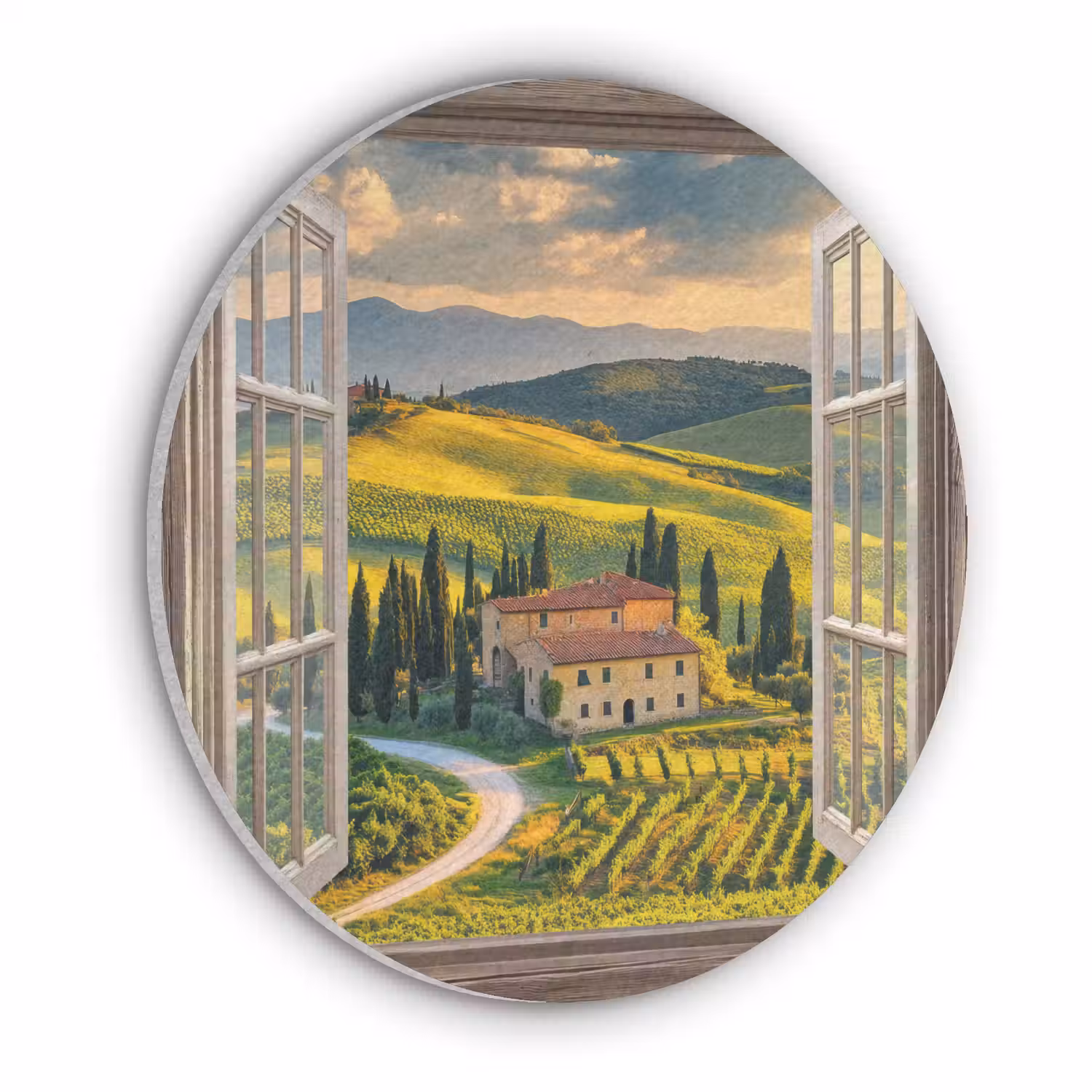 Doorkijk - Toscane - Uitzicht - Landschap - Zomer Akoestische PET Vilt - Rond klein -3d