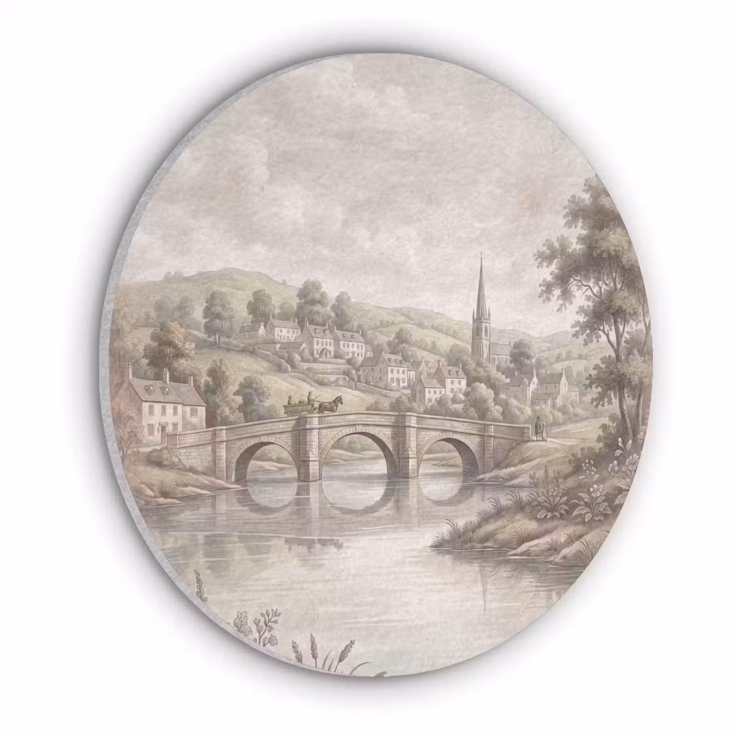 Dorp - Brug - Uitzicht - Groen Akoestische PET Vilt - Rond klein -3d