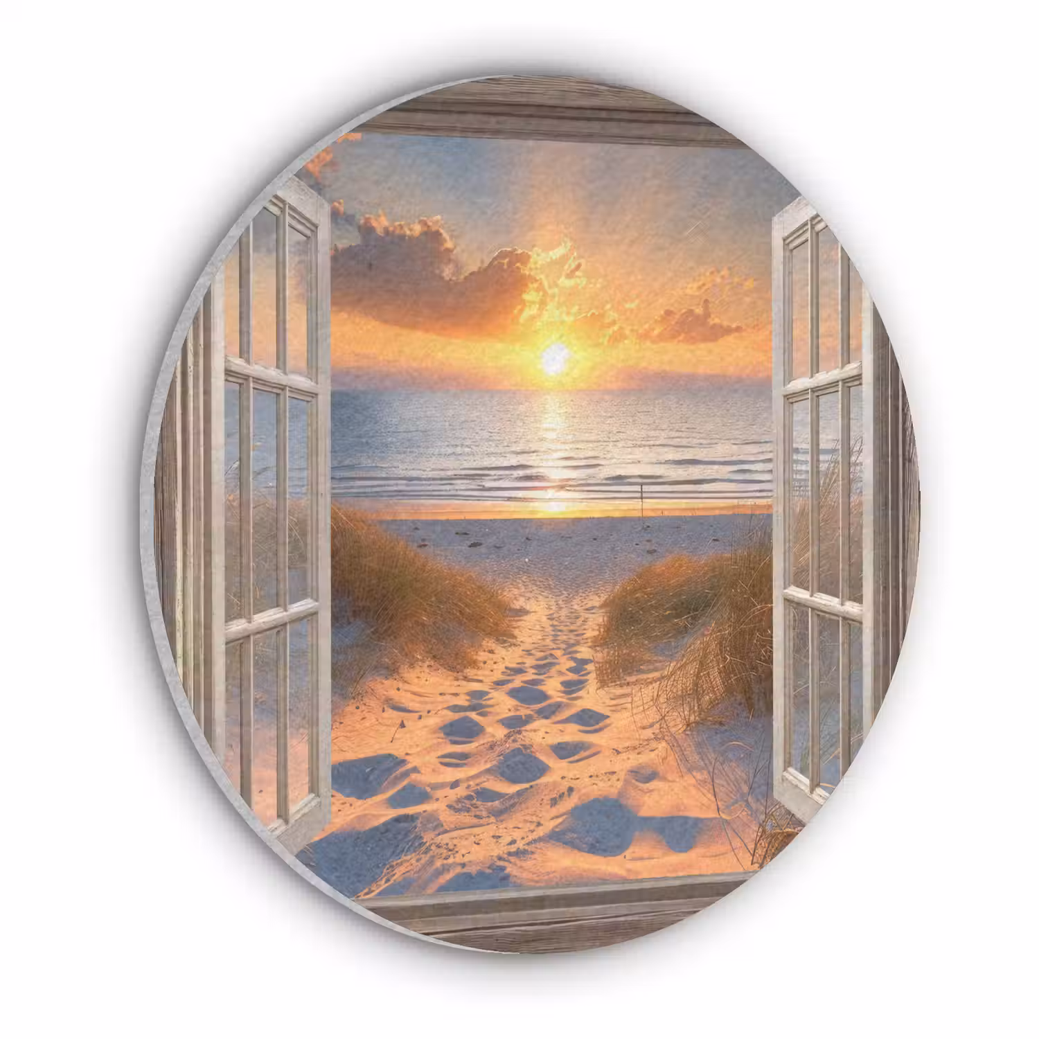 Doorkijk - Strand - Duinen - Zonsondergang Akoestische PET Vilt - Rond klein -3d