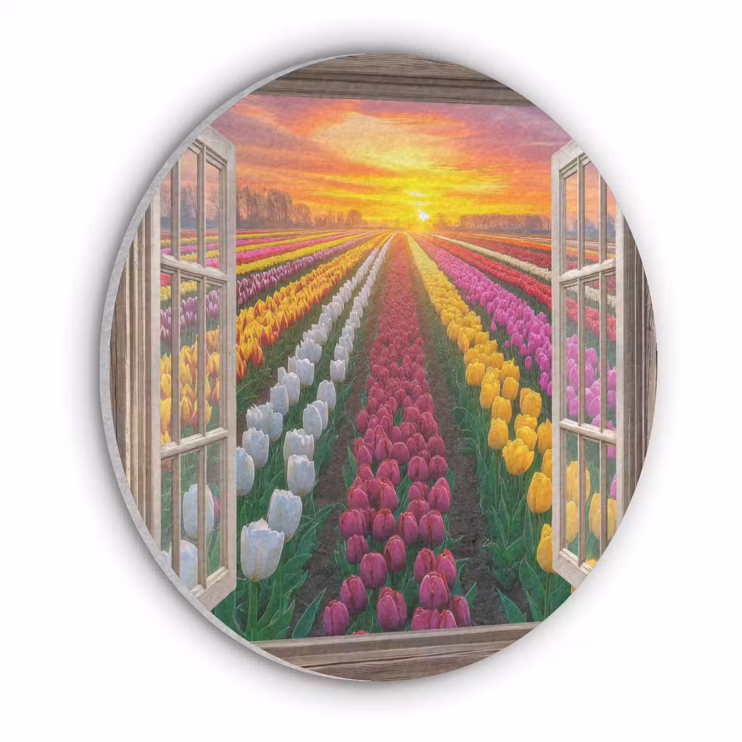 Doorkijk - Bloemen - Tulpen - Kleurrijk - Zonsondergang Akoestische PET Vilt - Rond klein -3d