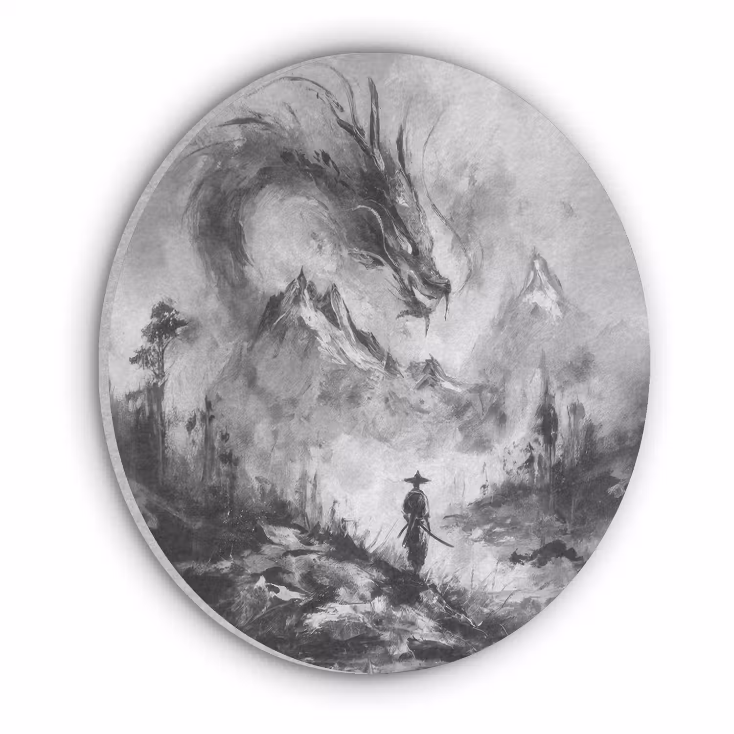 Krijger - Draak - Grijs Akoestische PET Vilt - Rond klein -3d