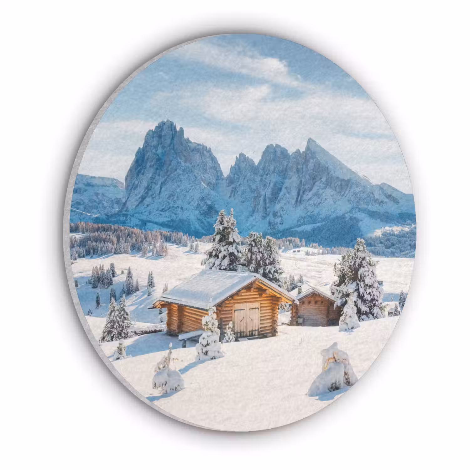 Winter - Huisje - Bergen - Uitzicht - Sneeuw Akoestische PET Vilt - Rond klein -3d
