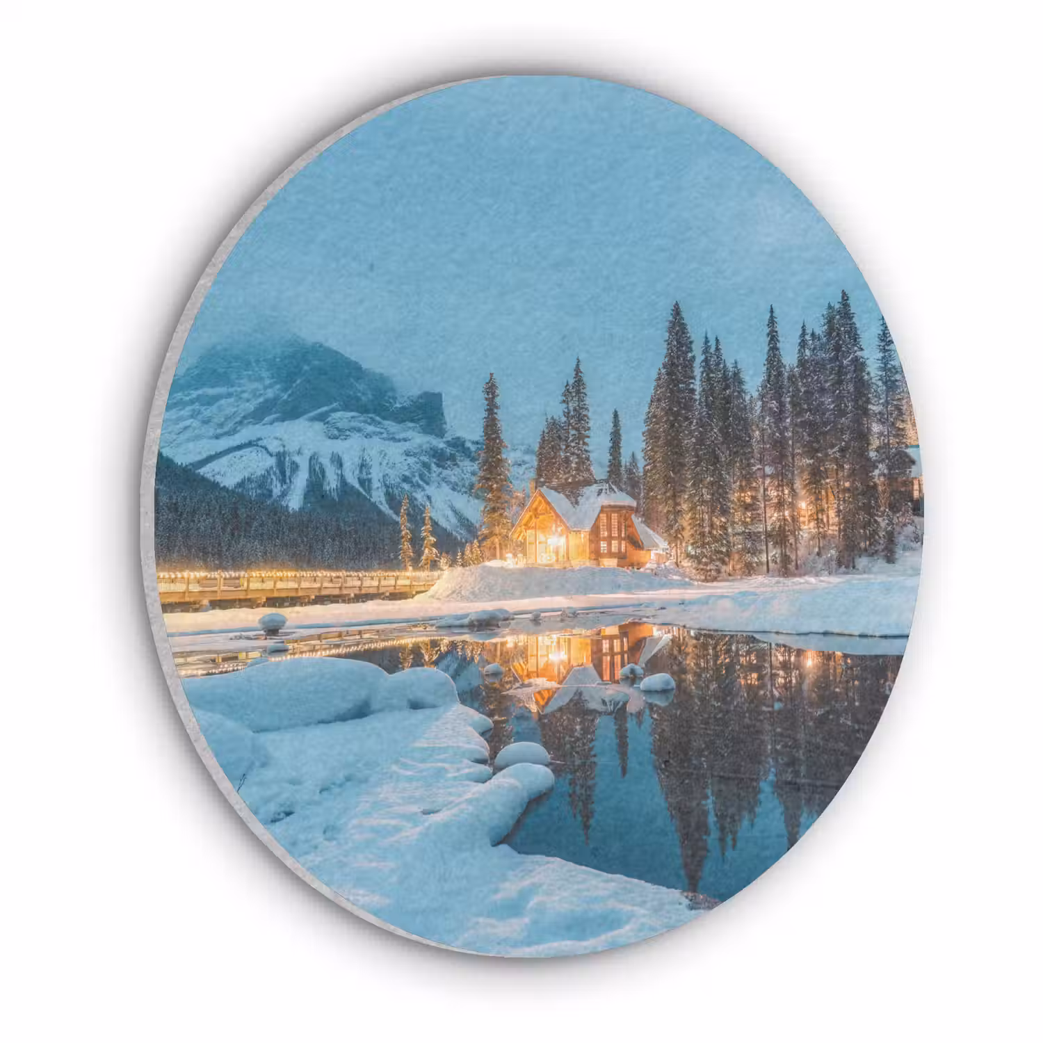 Winterlandschap - Natuur - Huis - Bergen - Sneeuw Akoestische PET Vilt - Rond klein -3d