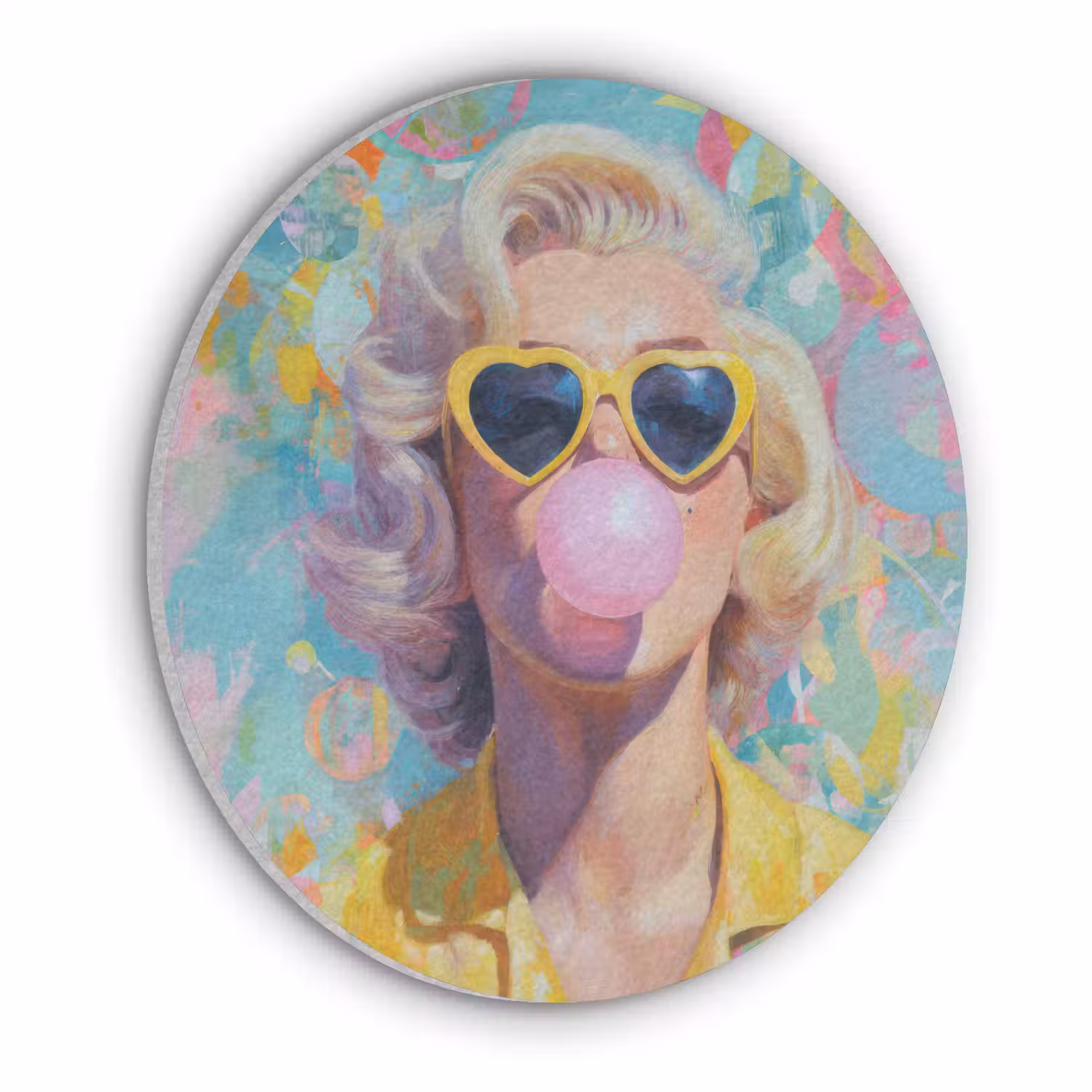 Vrouw - Blond - Roze kauwgom - Kleurrijk - Pastel Akoestische PET Vilt - Rond klein -3d