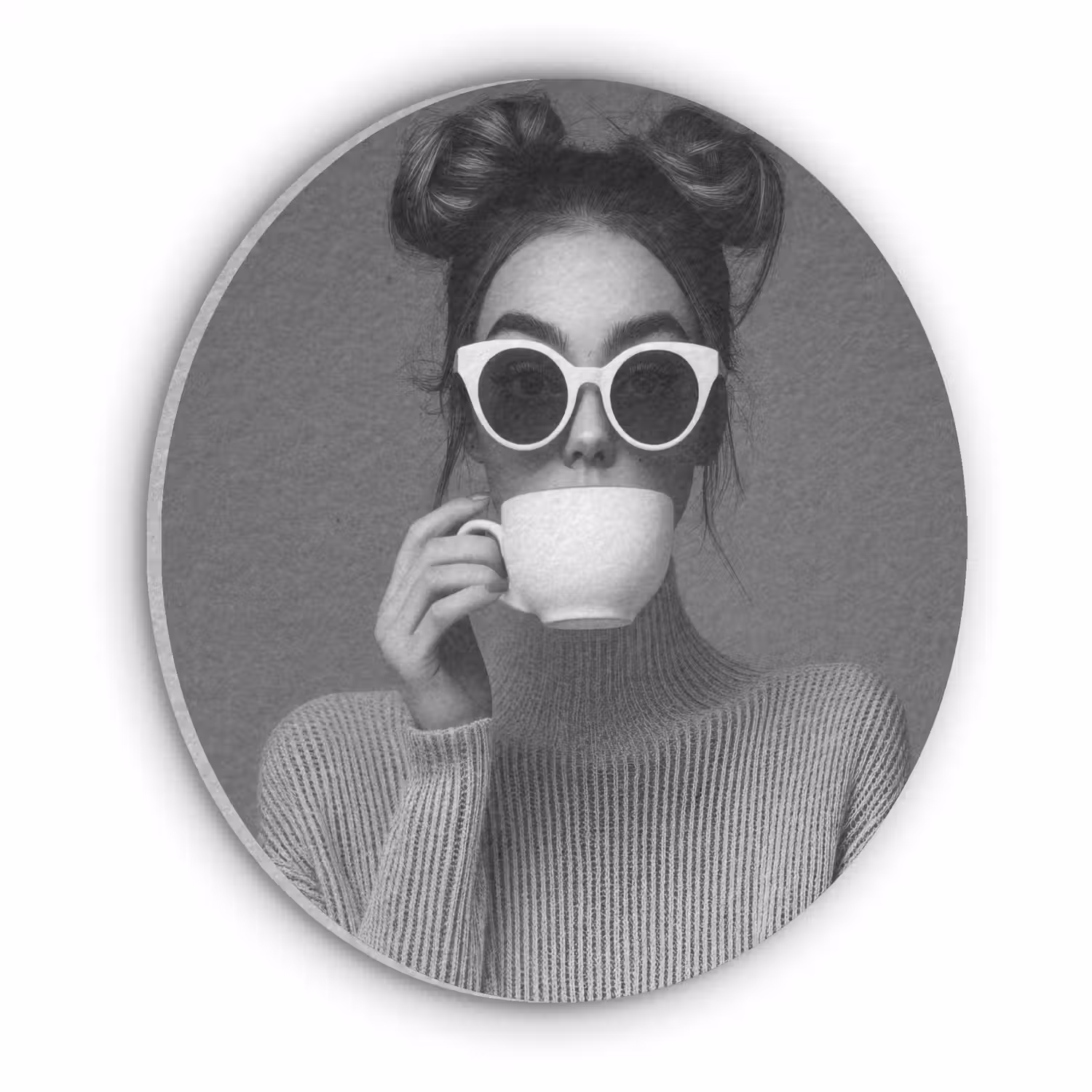Vrouw - Koffie - Zwart - Wit Akoestische PET Vilt - Rond klein -3d
