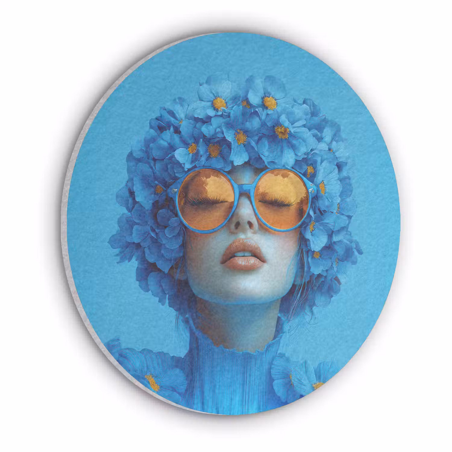 Vrouw - Bloem - Blauw - Modern - Bril - Portret Akoestische PET Vilt - Rond klein -3d