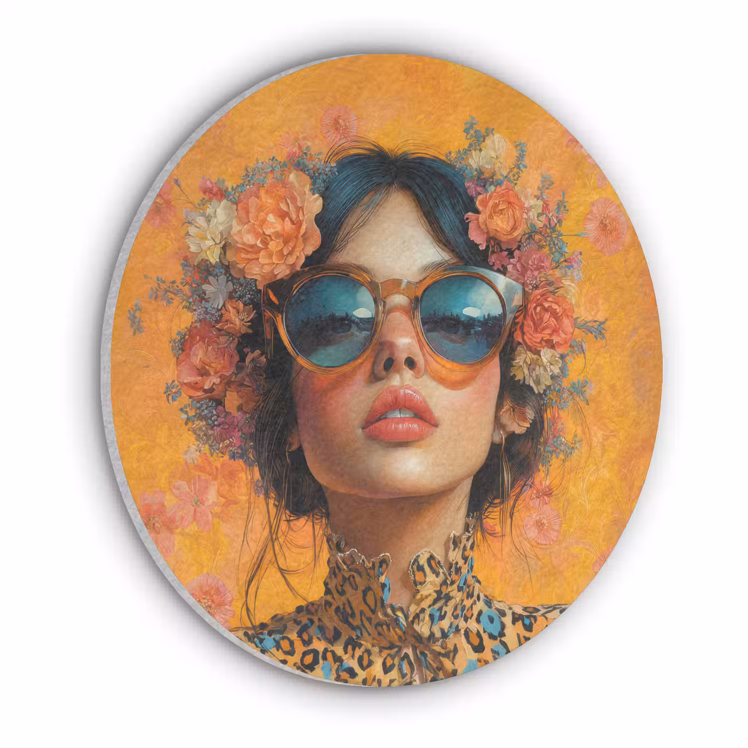 Vrouw - Bloemen - Aesthetic - Oranje Akoestische PET Vilt - Rond klein -3d