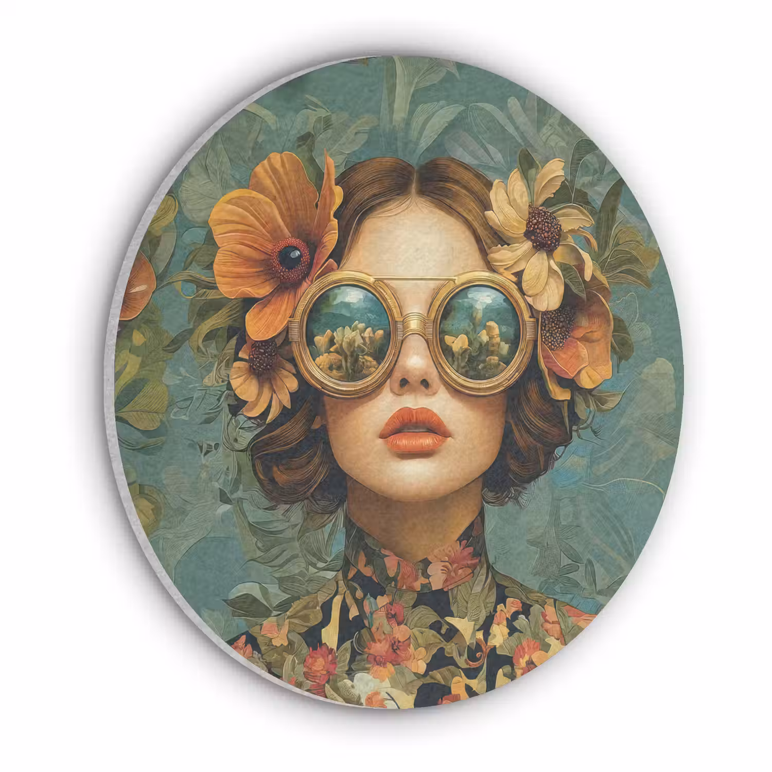 Vrouw - Bloemen - Vlinders - Natuur - Vintage Akoestische PET Vilt - Rond klein -3d