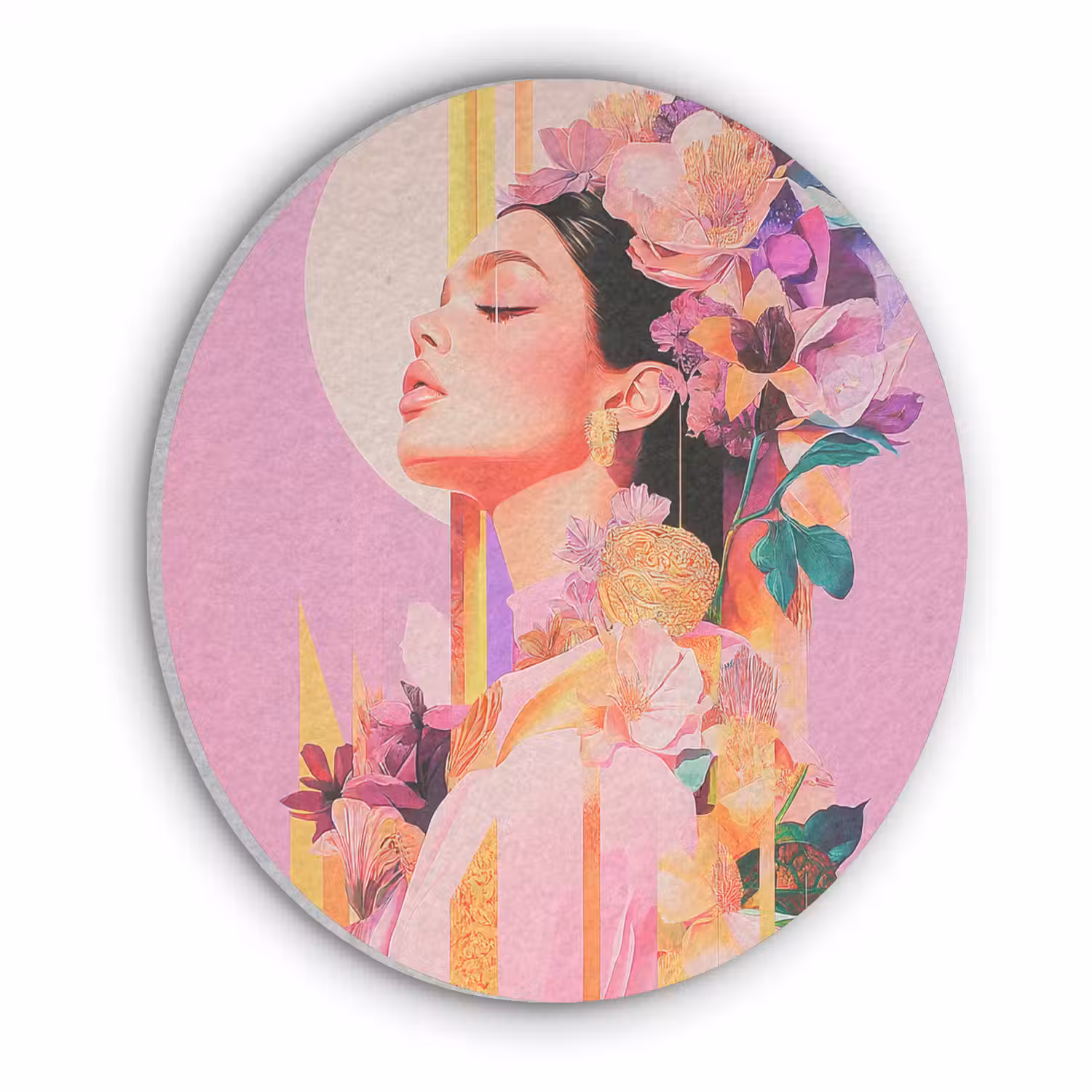 Vrouw - Bloemen - Paars - Abstract Akoestische PET Vilt - Rond klein -3d