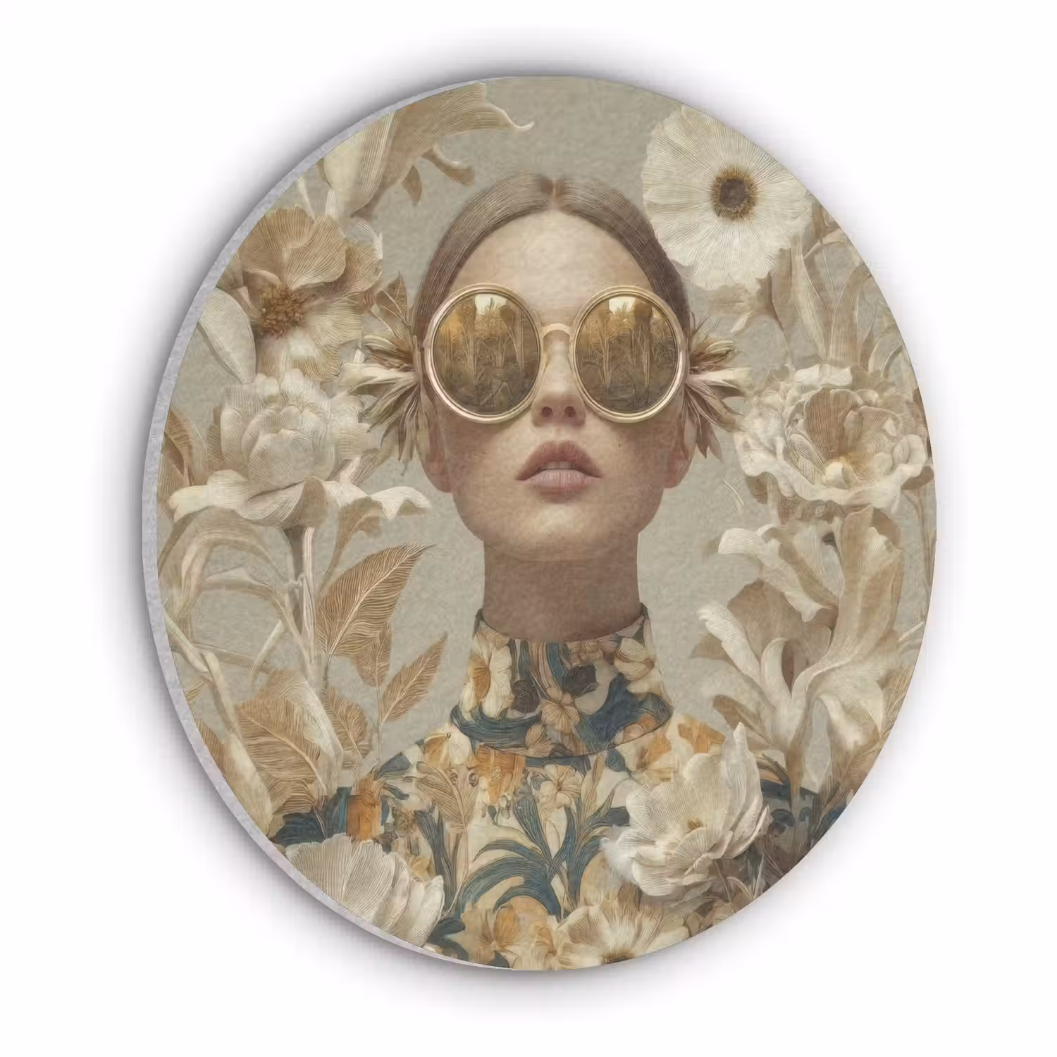 Vrouw - Bloemen - Zonnebril - Wit Akoestische PET Vilt - Rond klein -3d