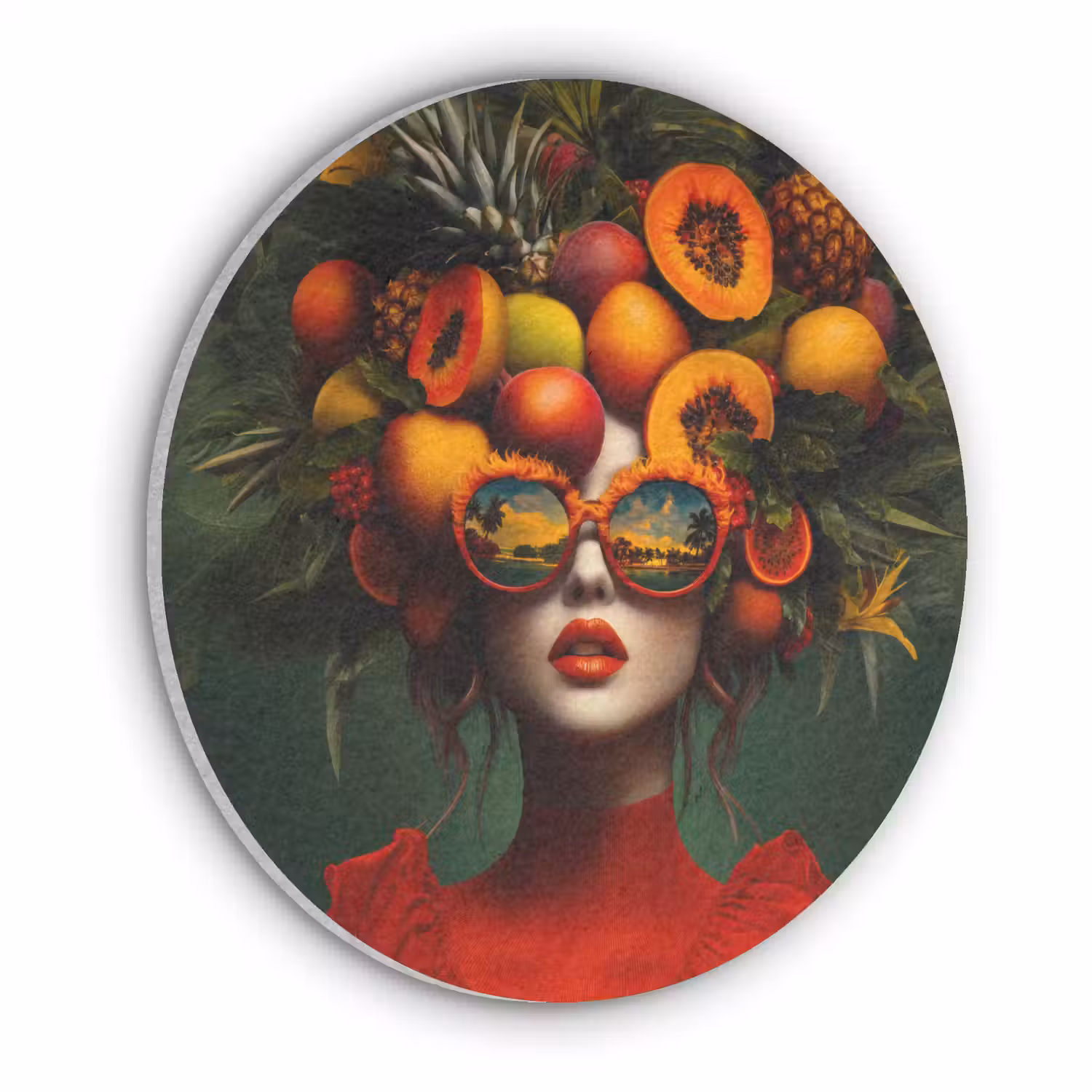 Vrouw - Vruchten - Papaja - Ananas Akoestische PET Vilt - Rond klein -3d