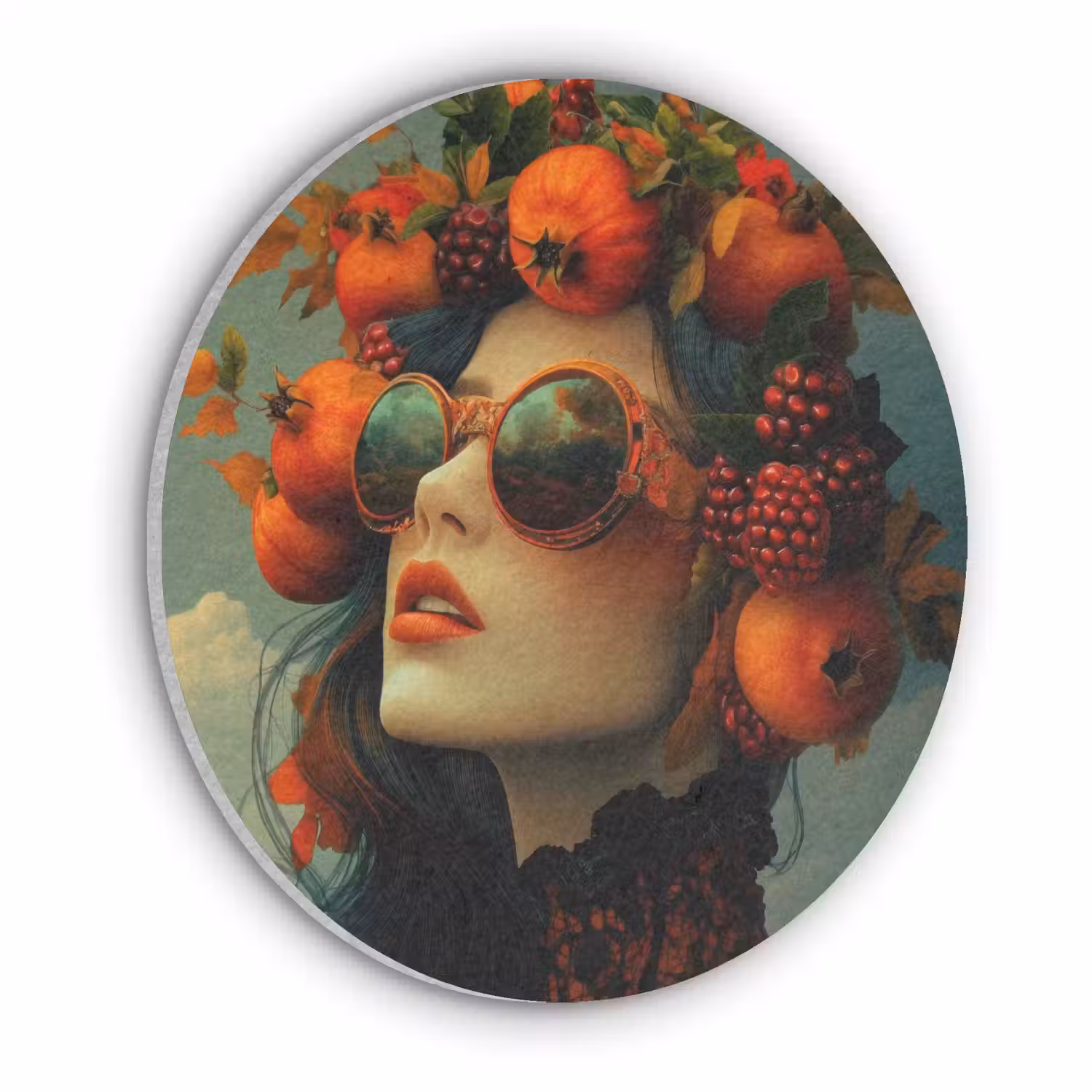 Vrouw - Granaatappel - Herfst - Zonnebril Akoestische PET Vilt - Rond klein -3d