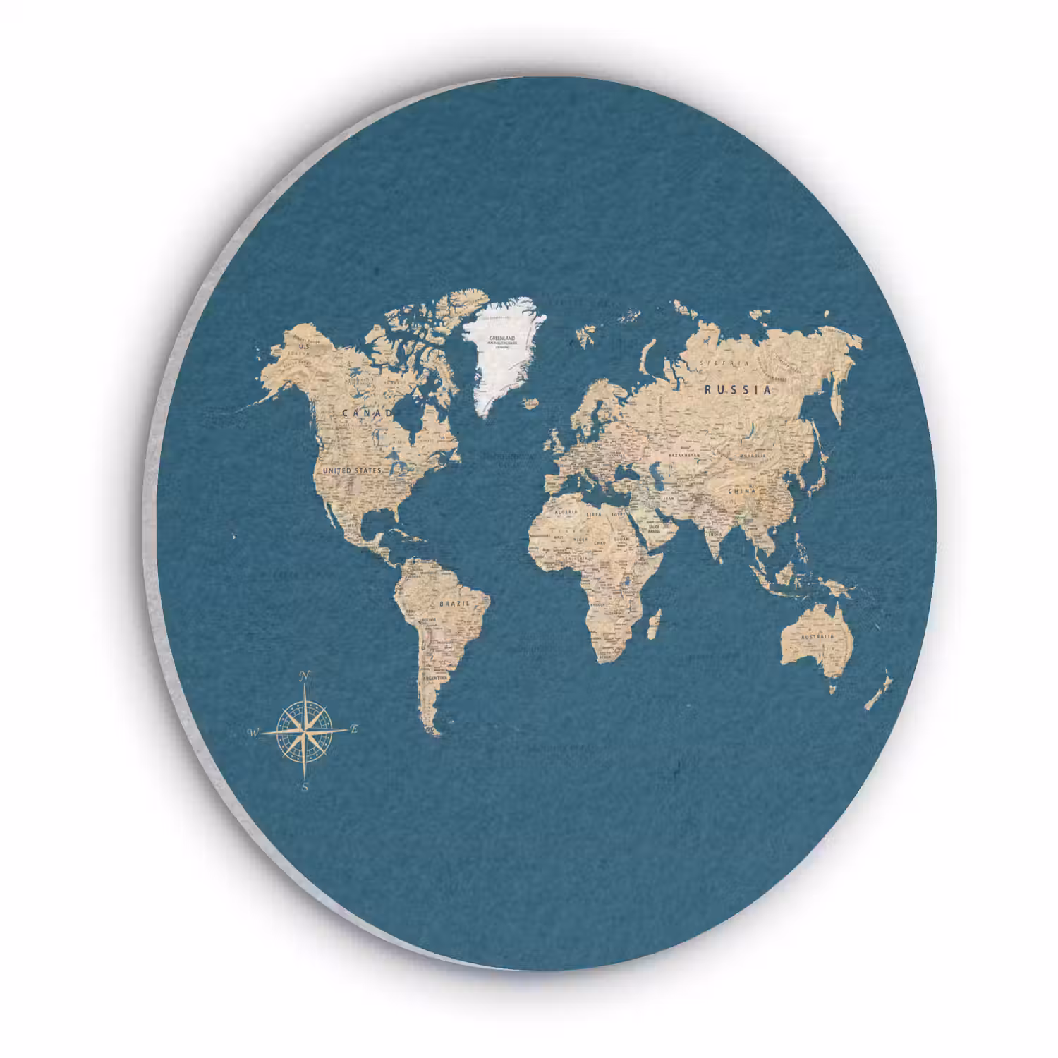Wereldkaart - Donkerblauw - Beige Akoestische PET Vilt - Rond klein -3d