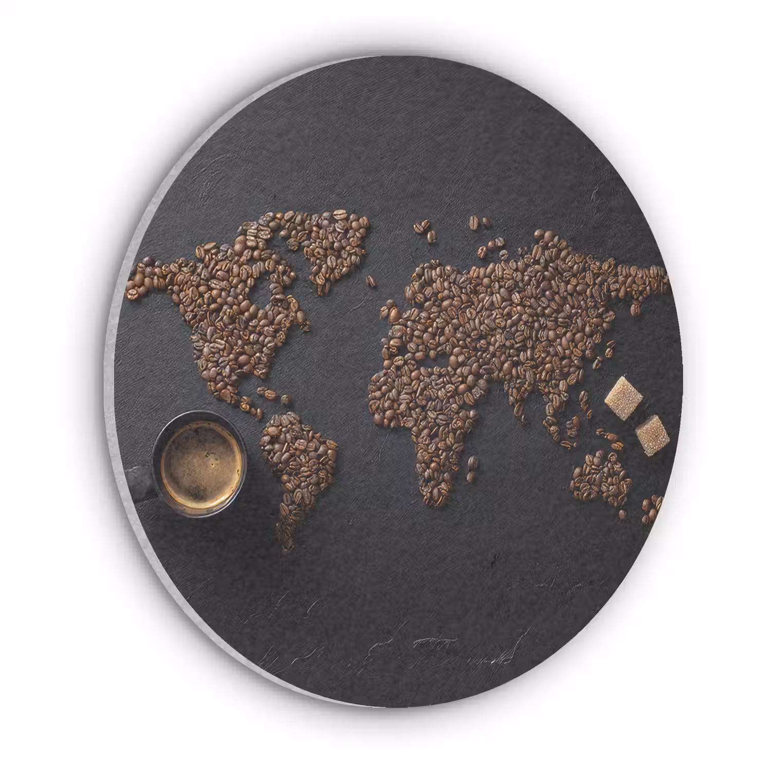 Wereldkaart - Espresso - Zwart Akoestische PET Vilt - Rond klein -3d