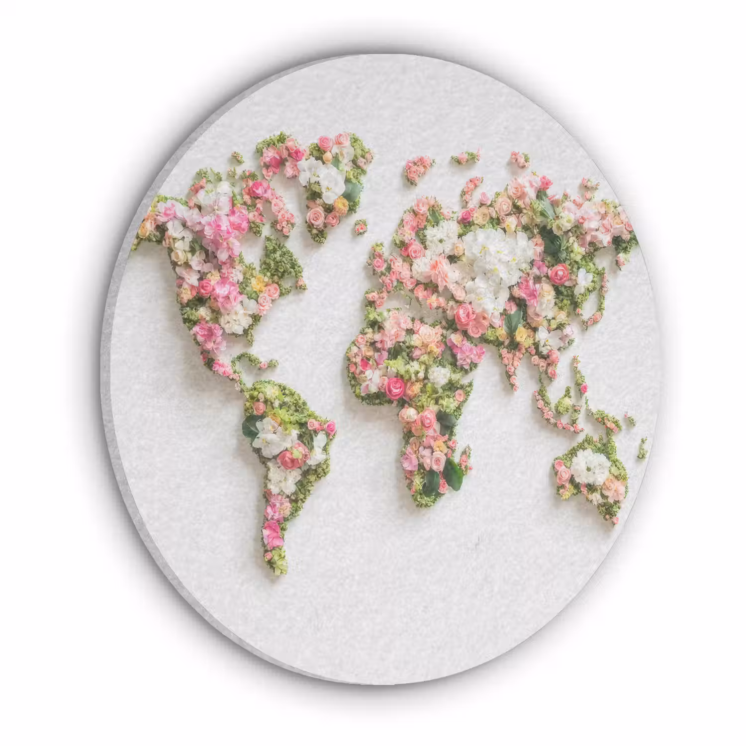 Wereldkaart - Bloemen - Subtiel Akoestische PET Vilt - Rond klein -3d