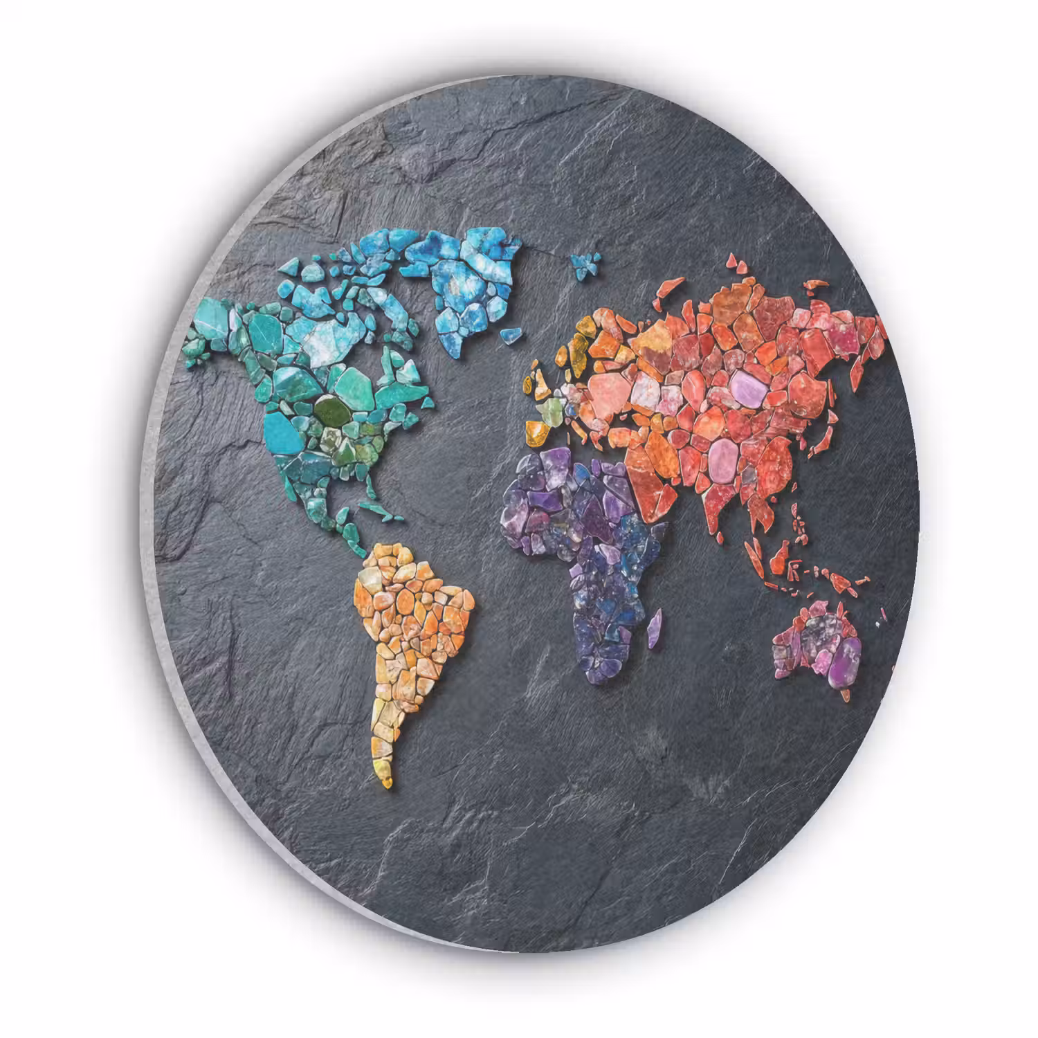 Wereldkaart - Edelstenen - Regenboog - Ruw Akoestische PET Vilt - Rond klein -3d