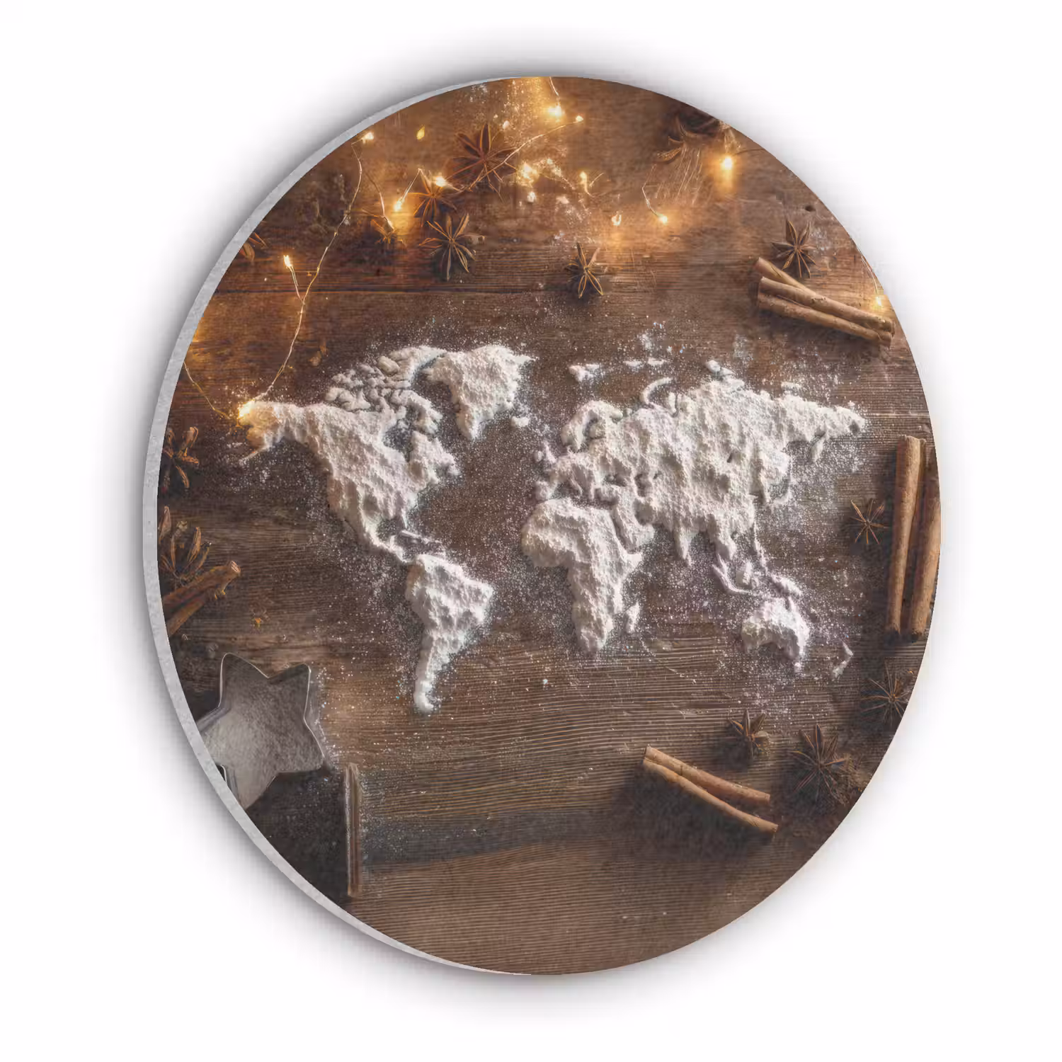 Wereldkaart - Poedersuiker - Hout Akoestische PET Vilt - Rond klein -3d