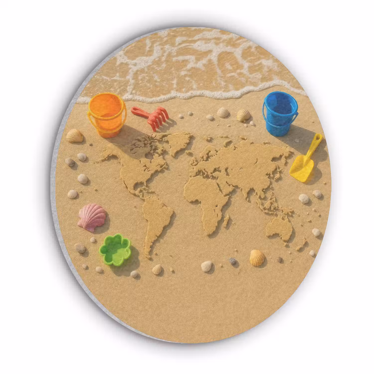 Wereldkaart - Zand - Kleurrijk - Zomer Akoestische PET Vilt - Rond klein -3d