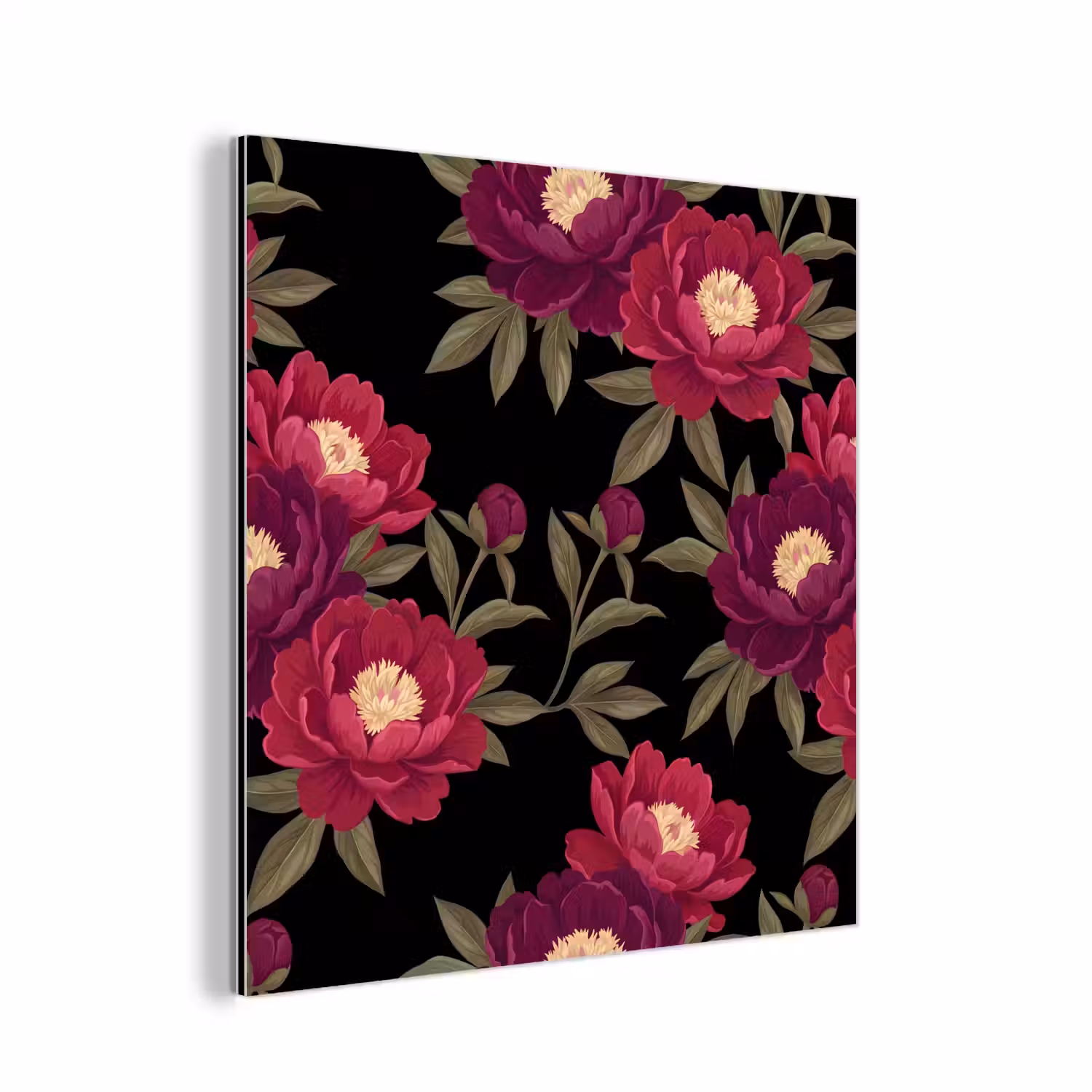 Bloemen - Patroon - Botanisch - Rood - Zwart aluminium wit klein -3d