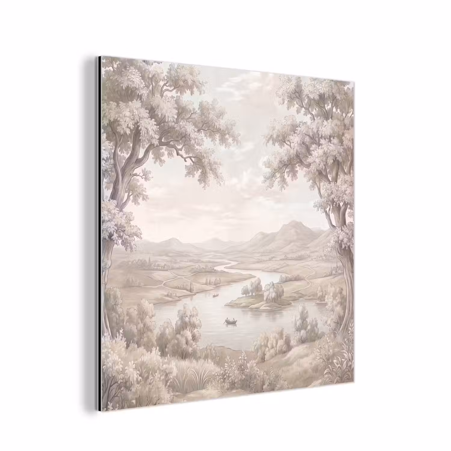Rivierlandschap - Bergen - Natuur - Vintage - Beige aluminium wit klein -3d