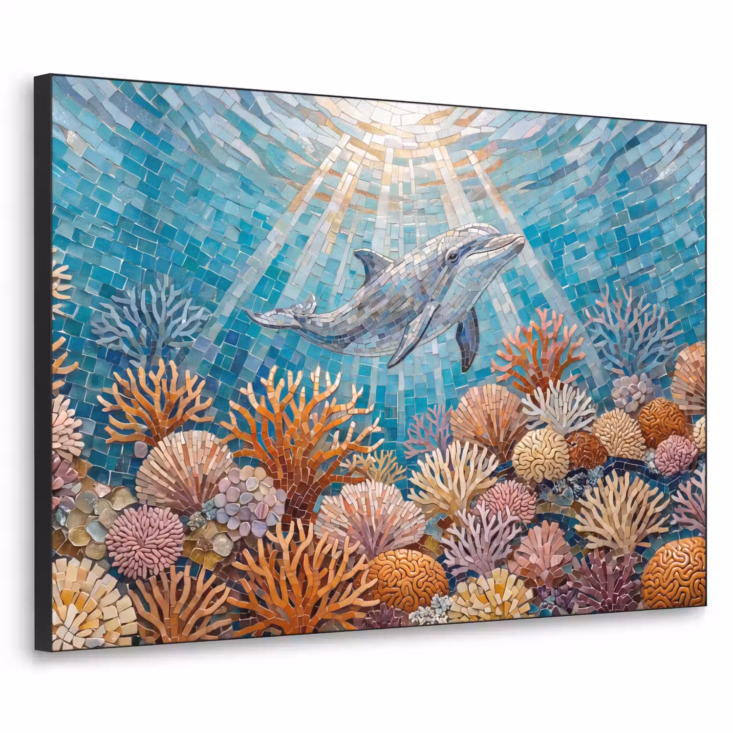 Dieren - Mozaïek - Oceaan - Koraal - Blauw Textielframe zwart klein -3d
