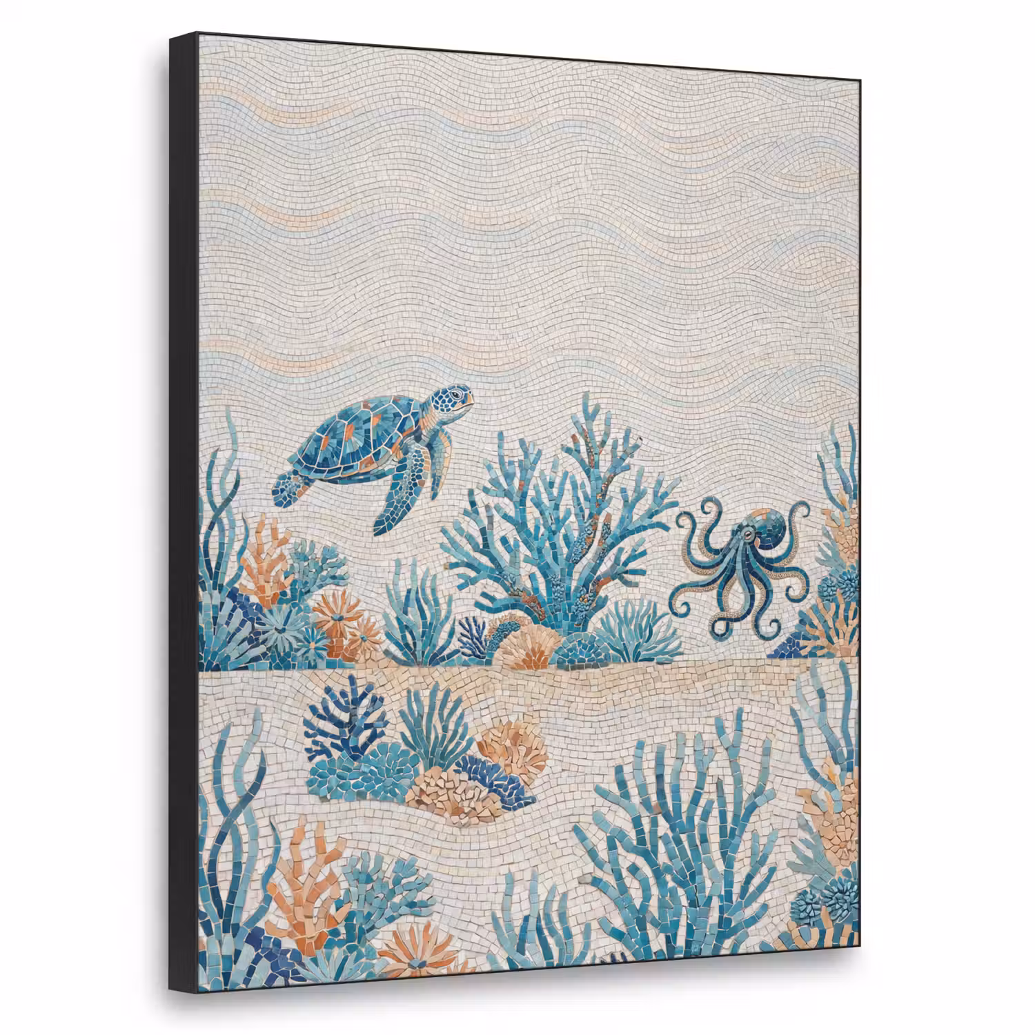 Dieren - Onderwater - Natuur - Mozaïek - Blauw Textielframe zwart klein -3d