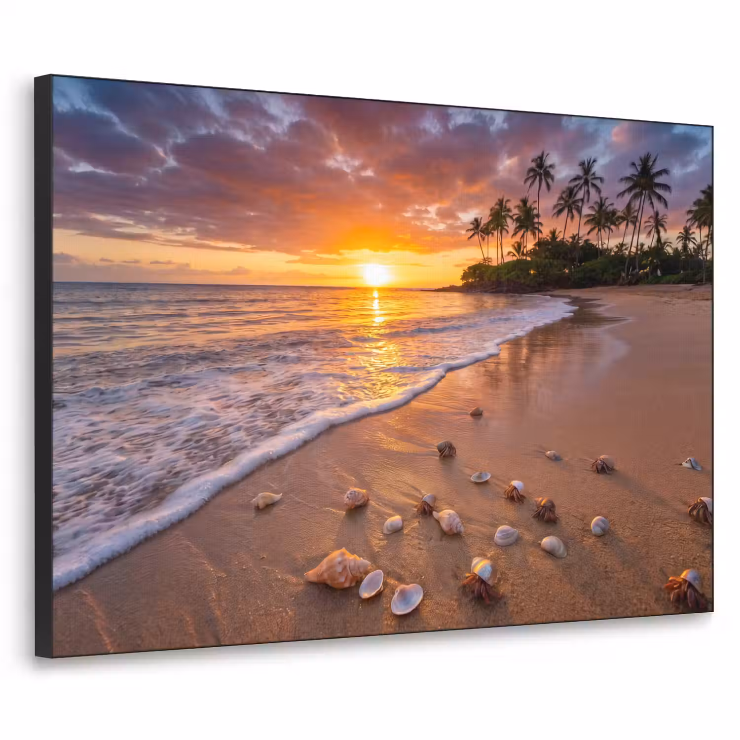 Strand - Zonsondergang - Palmbomen - Natuur - Oranje Textielframe zwart klein -3d