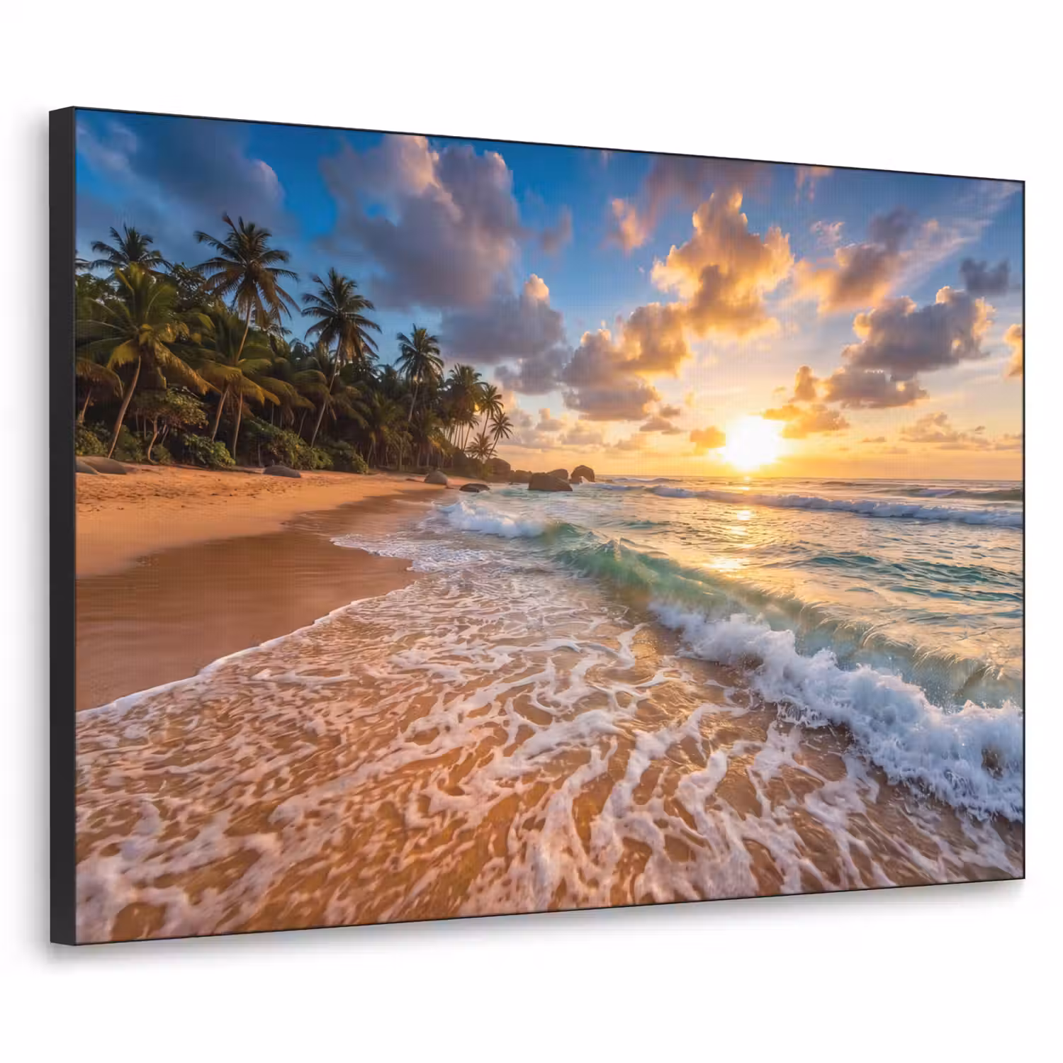 Strand - Zonsondergang - Golven - Natuur - Goud Textielframe zwart klein -3d