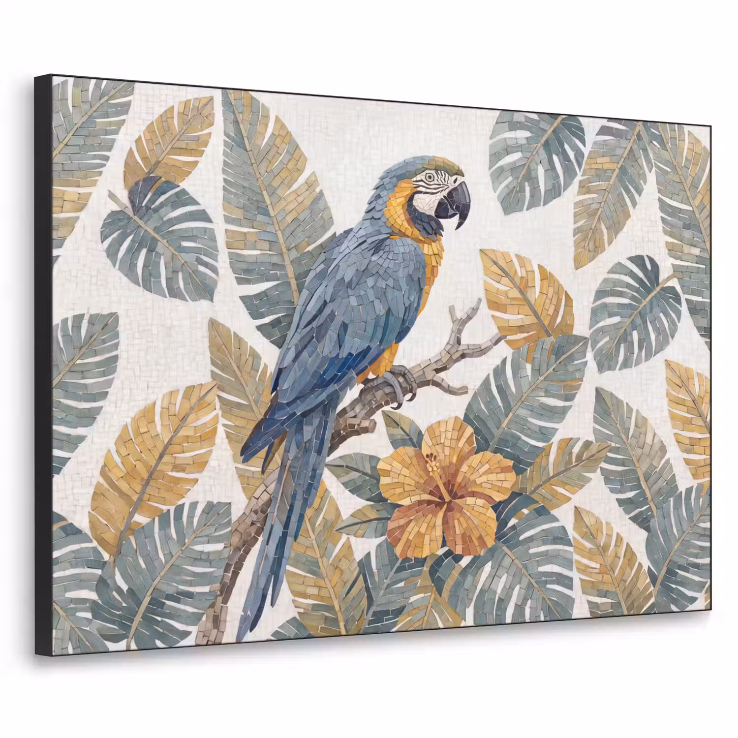 Vogel - Tak - Natuur - Mozaïek - Blauw Textielframe zwart klein -3d