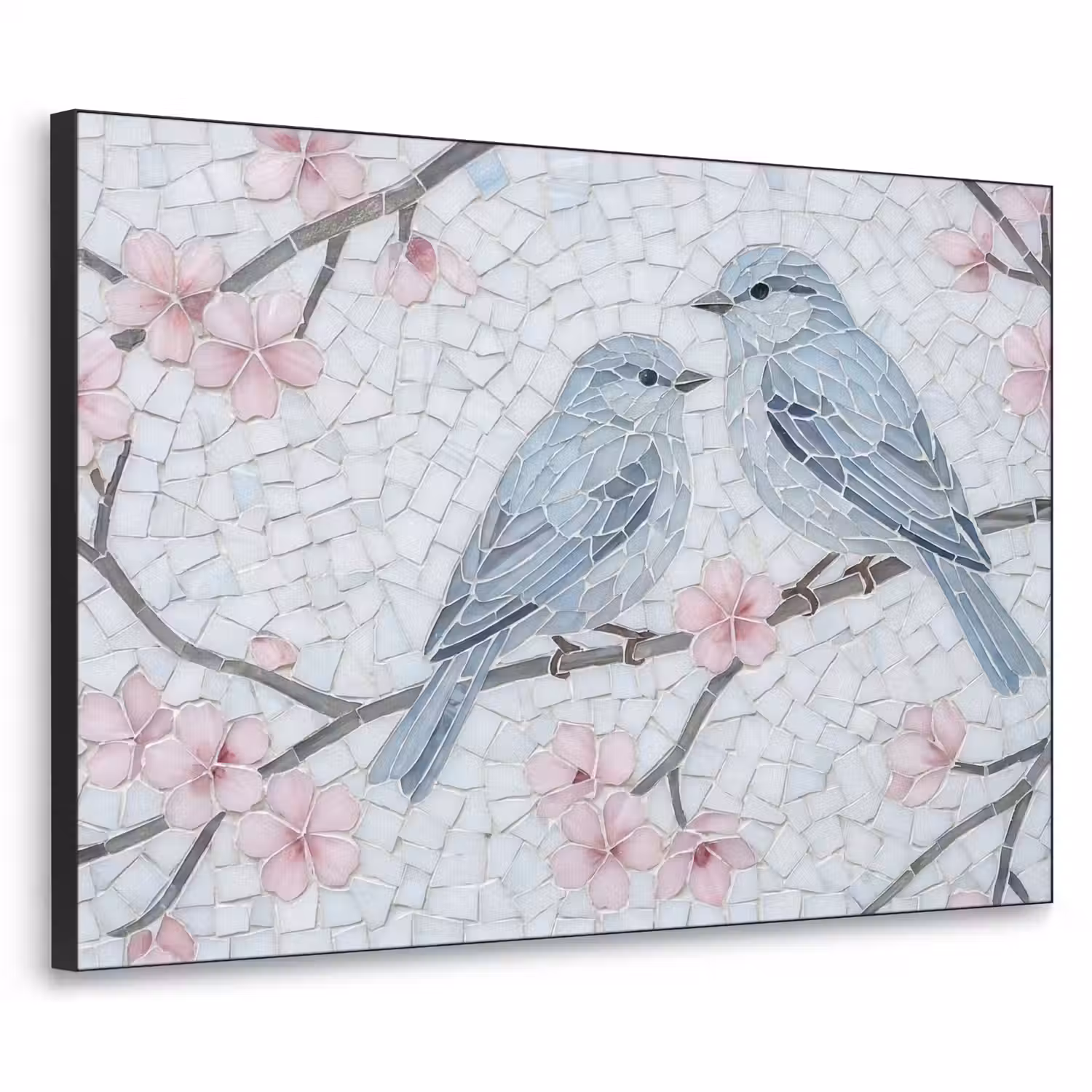 Vogel - Bloemen - Natuur - Mozaïek - Roze Textielframe zwart klein -3d