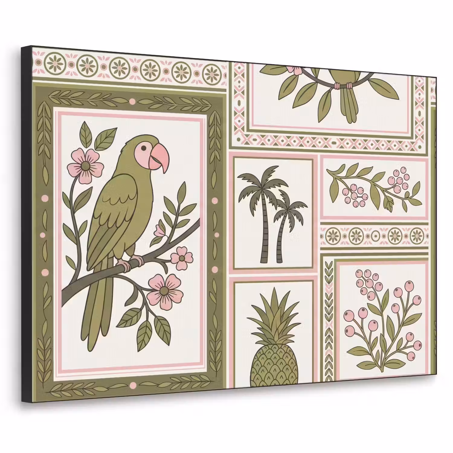 Vogel - Tropisch - Patroon - Decoratief - Groen Textielframe zwart klein -3d