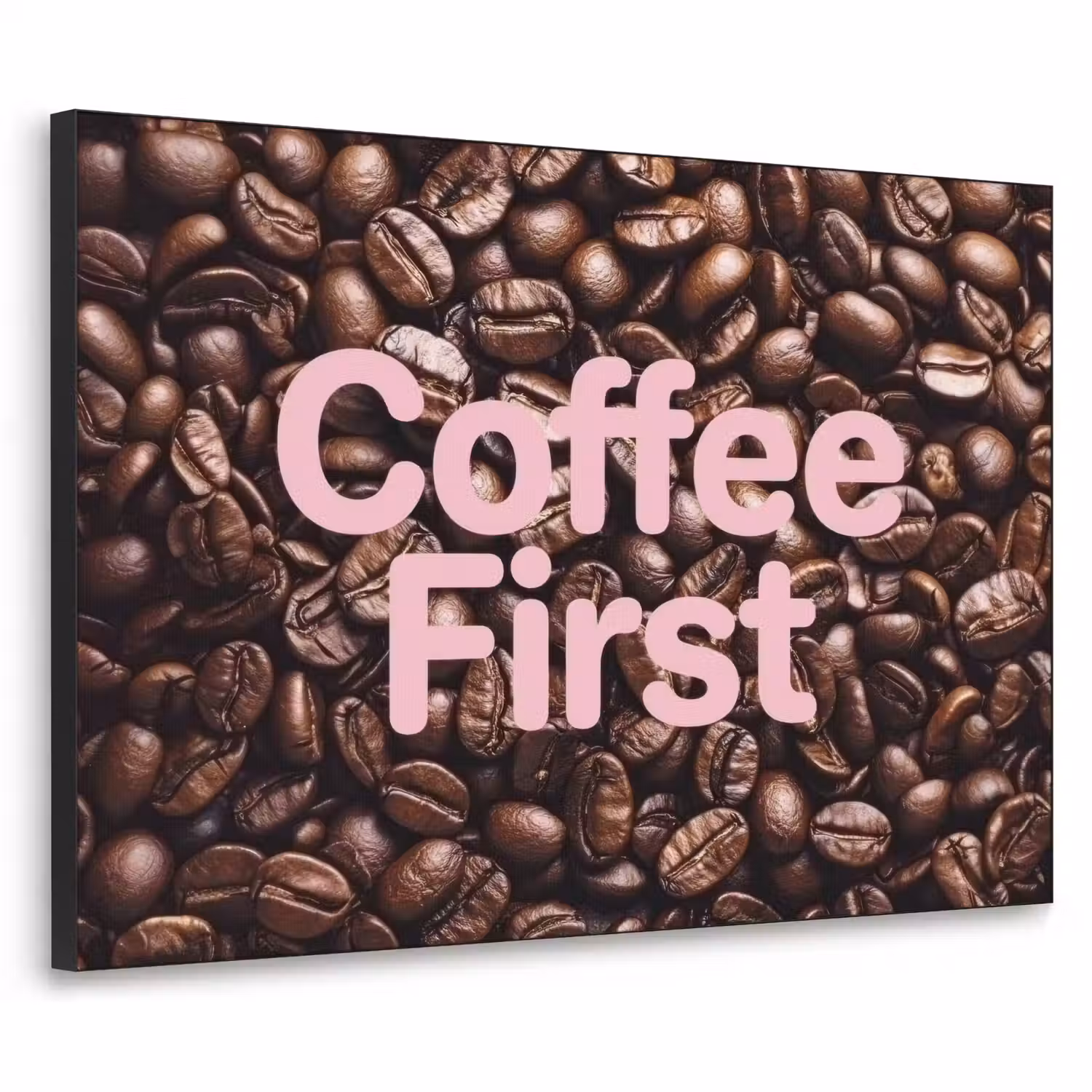Coffee First - Koffiebonen - Roze Textielframe zwart klein -3d