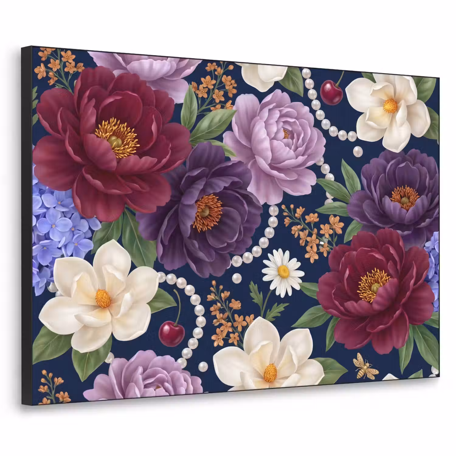 Bloemen - Parels - Decoratie - Modern - Blauw Textielframe zwart klein -3d
