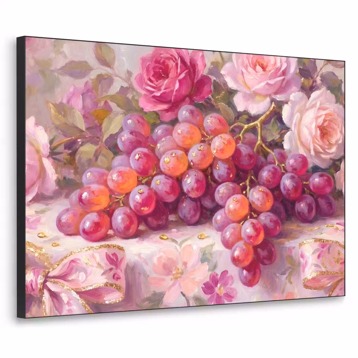 Eten - Bloemen - Stilleven - Roze - Goud Textielframe zwart klein -3d