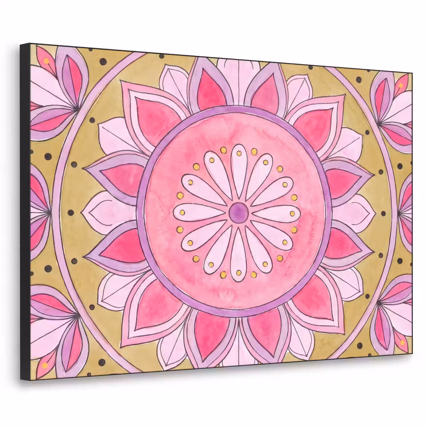 Mandala - Patroon - Kunst - Aquarel - Roze Textielframe zwart klein -3d