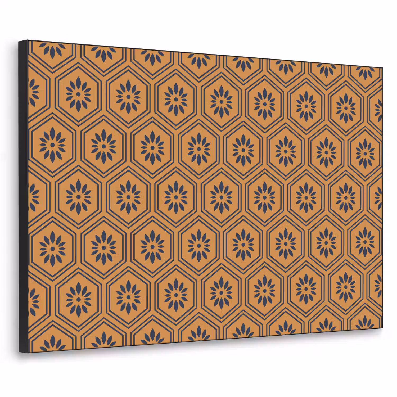 Okergeel - Patroon - Bloem - Donkerblauw Textielframe zwart klein 947 -3d