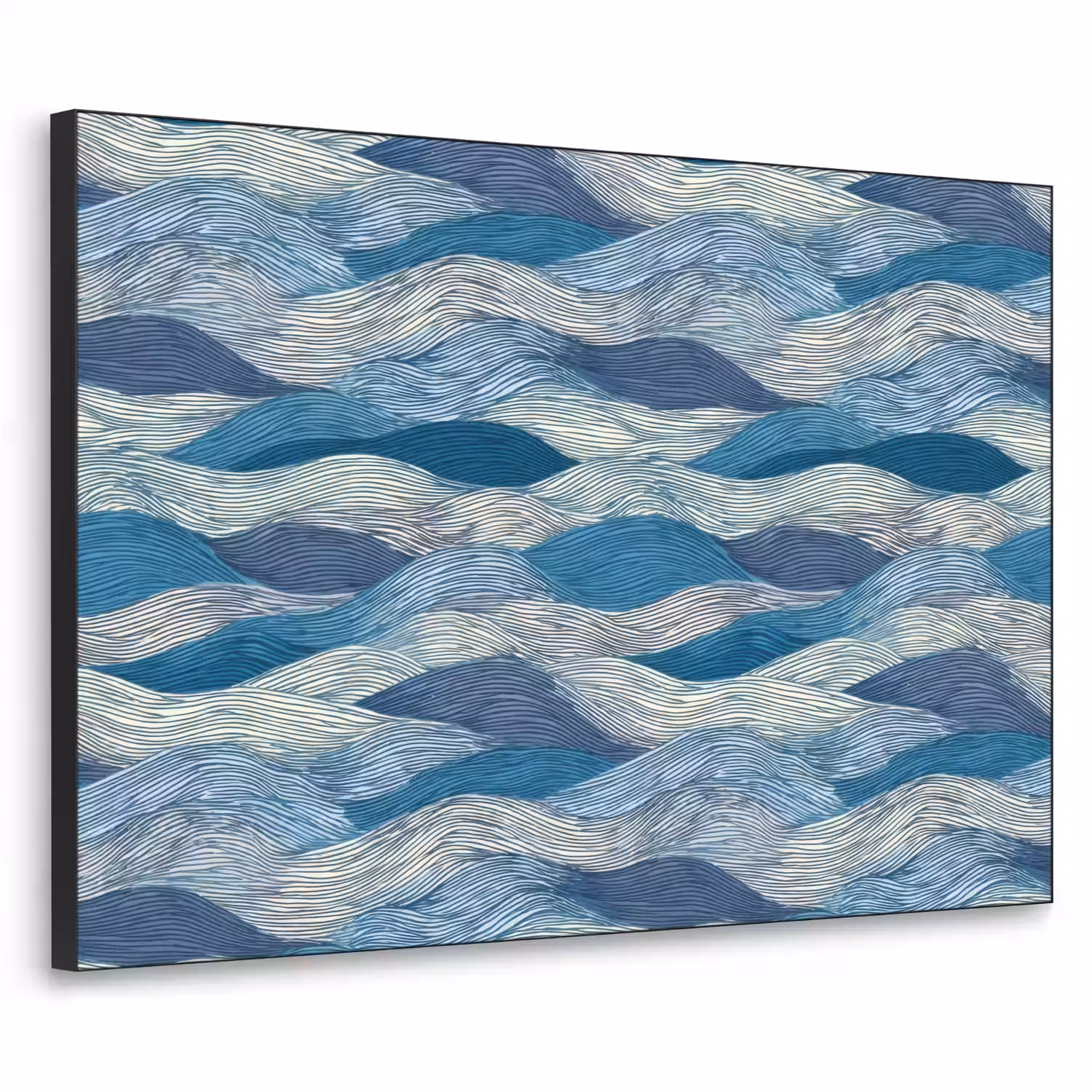 Getekend - Blauw - Wit - Golvend - Streepjes Textielframe zwart klein 947 -3d
